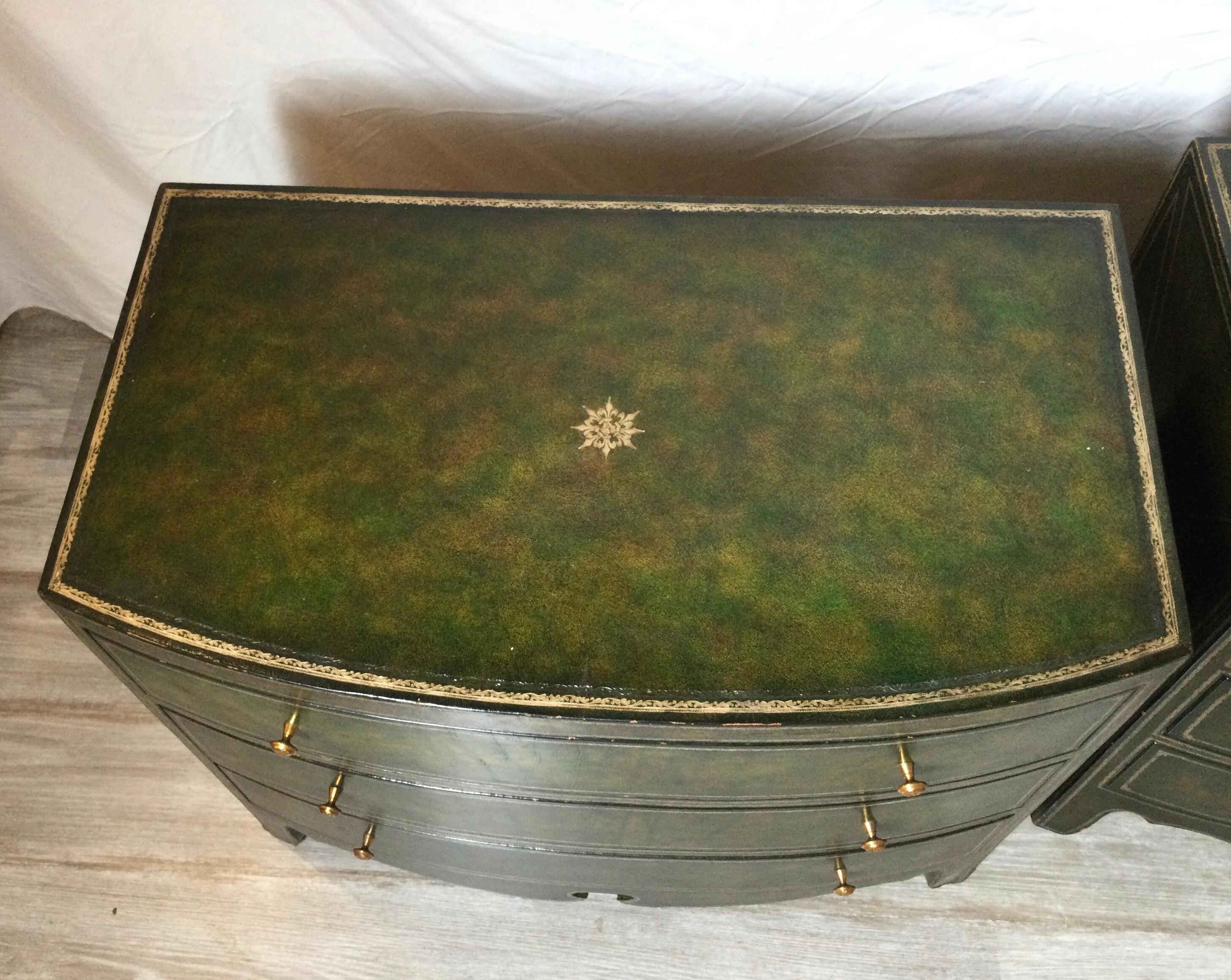 20th Century Pair Green Leather Maitland Smith Style Commodes or Small Chests