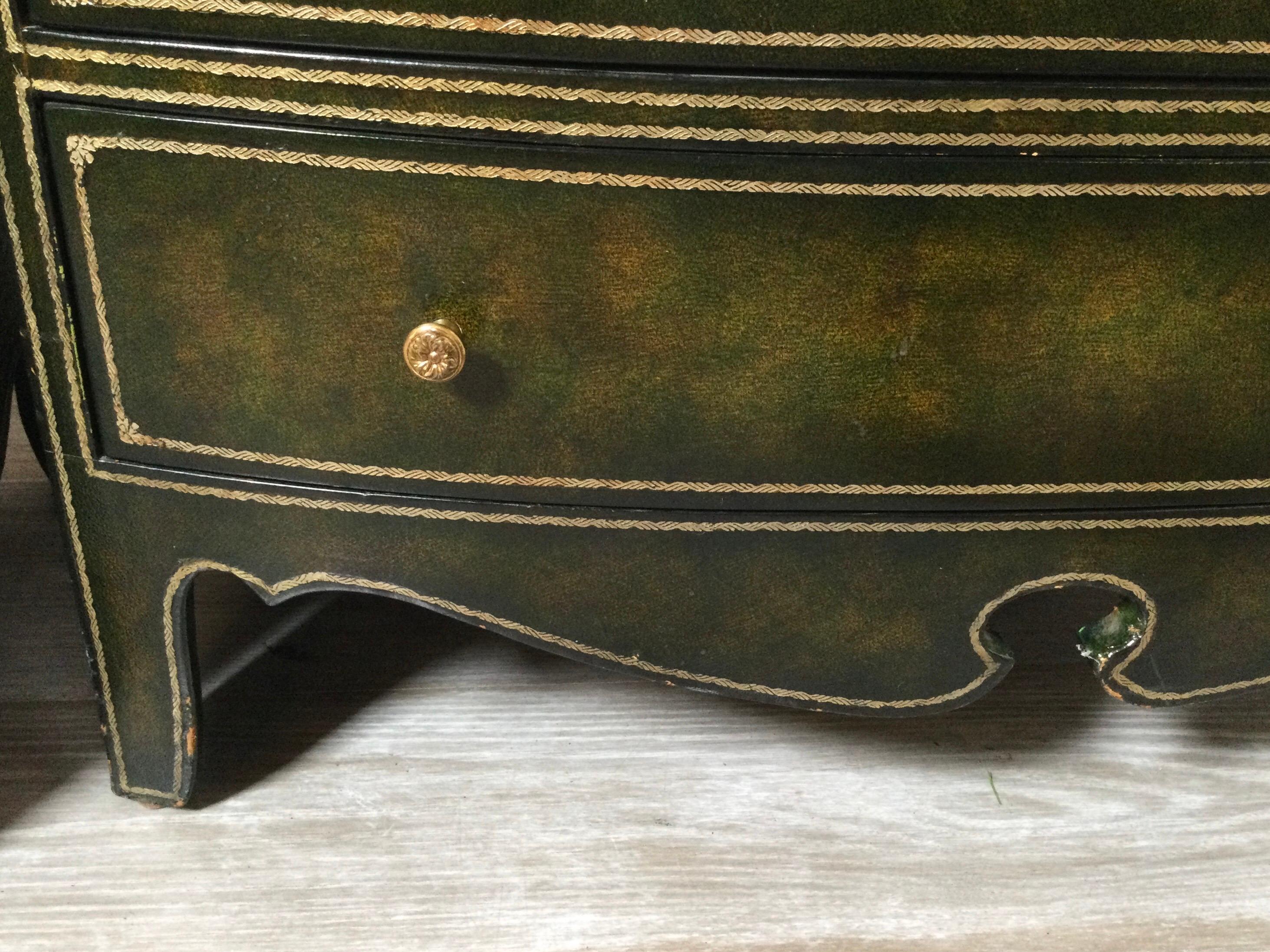 Pair Green Leather Maitland Smith Style Commodes or Small Chests 1