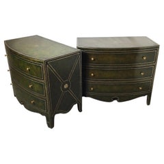 Pair Green Leather Maitland Smith Style Commodes or Small Chests