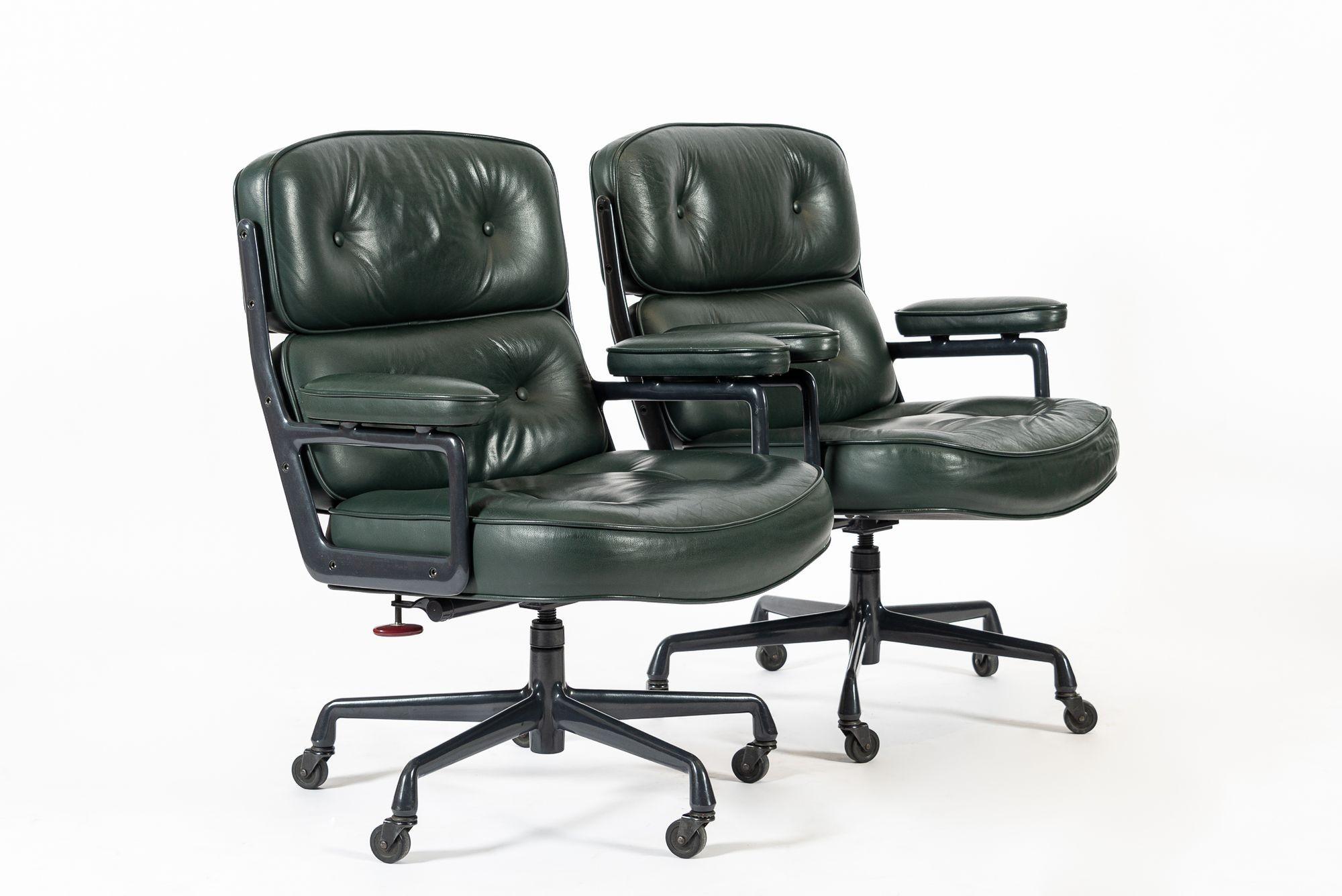 Pair Green Leather Time Life Office Chairs by Eames for Herman Miller 1996 For Sale 4