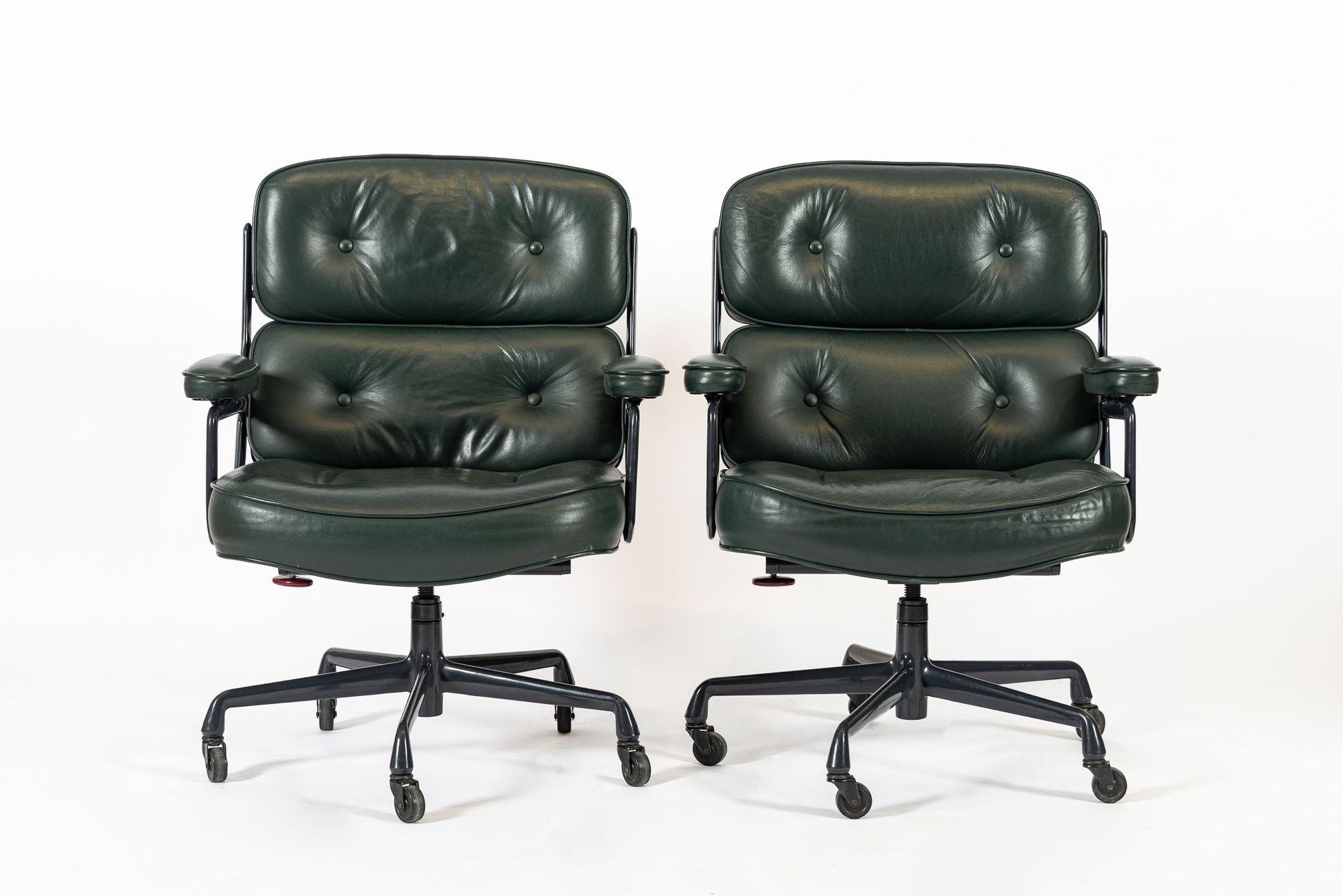 Pair Green Leather Time Life Office Chairs by Eames for Herman Miller 1996 For Sale 5