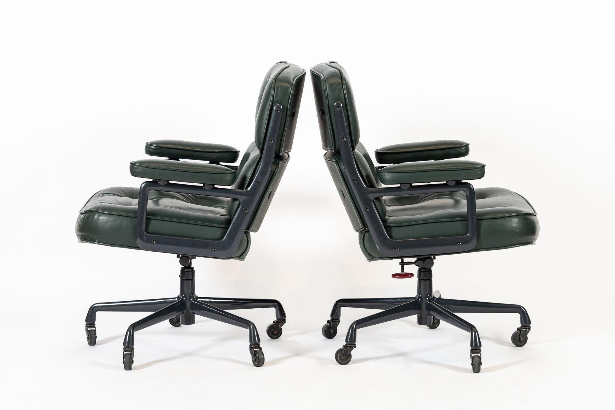 Late 20th Century Pair Green Leather Time Life Office Chairs by Eames for Herman Miller 1996 For Sale