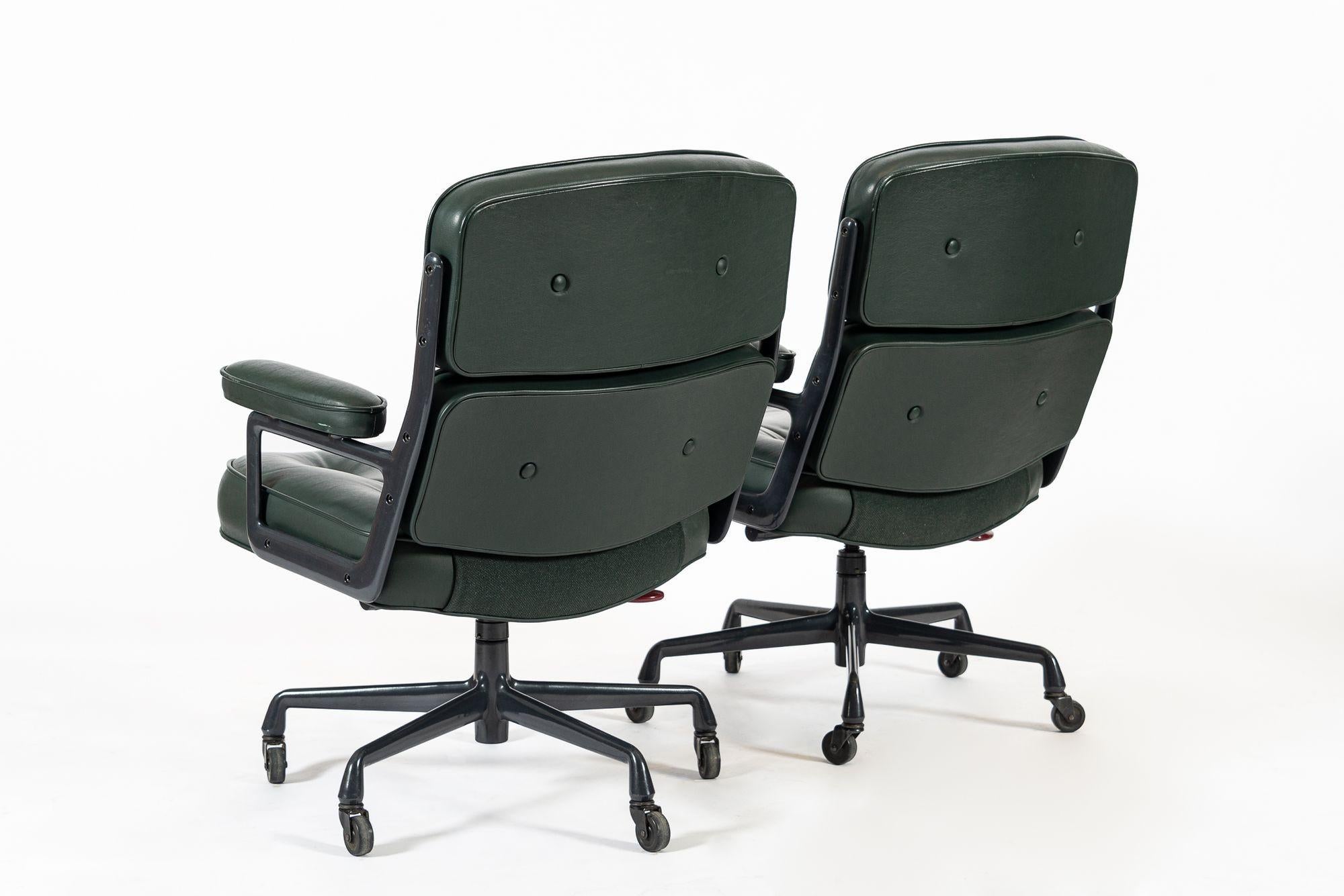 Aluminum Pair Green Leather Time Life Office Chairs by Eames for Herman Miller 1996 For Sale