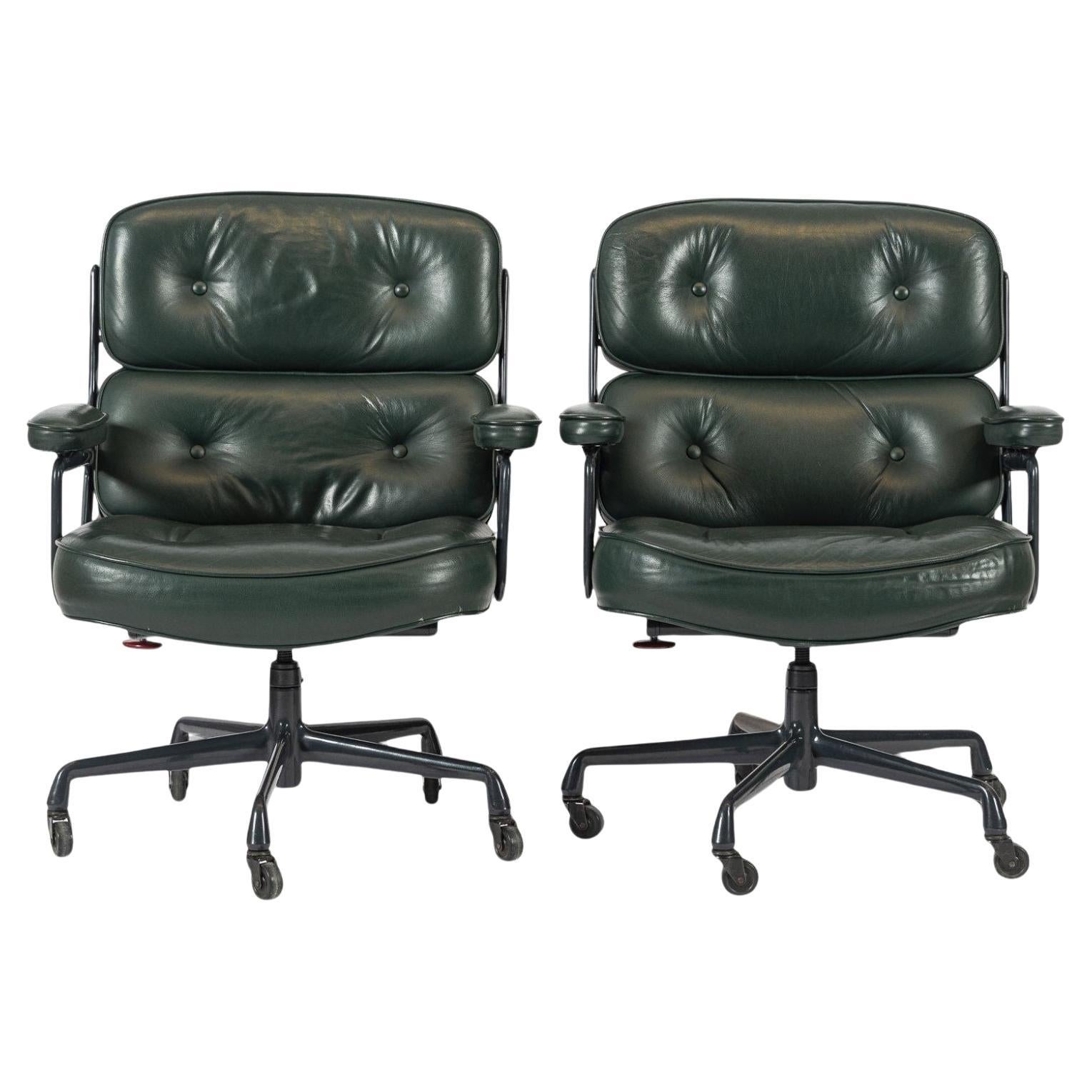 Pair Green Leather Time Life Office Chairs by Eames for Herman Miller 1996