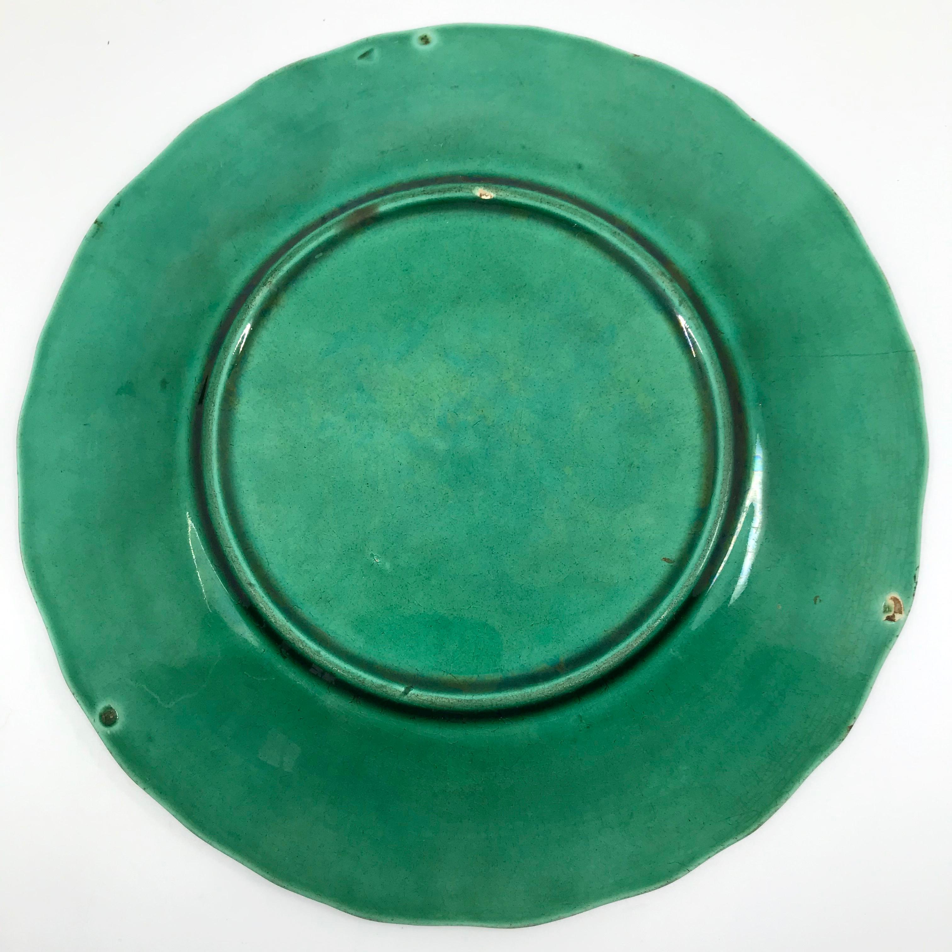 Glazed Pair of Green Majolica Geranium Plates