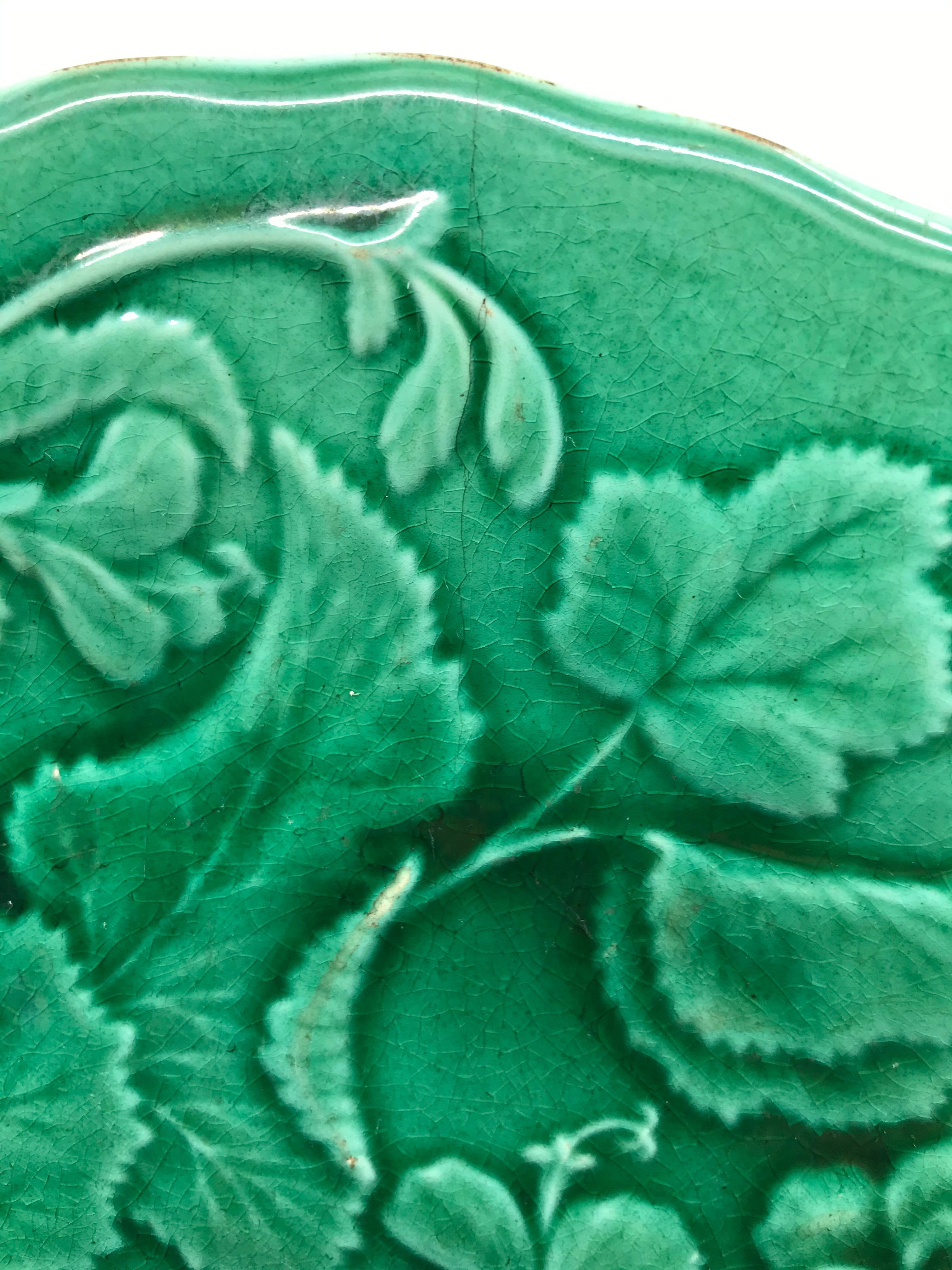 19th Century Pair of Green Majolica Geranium Plates