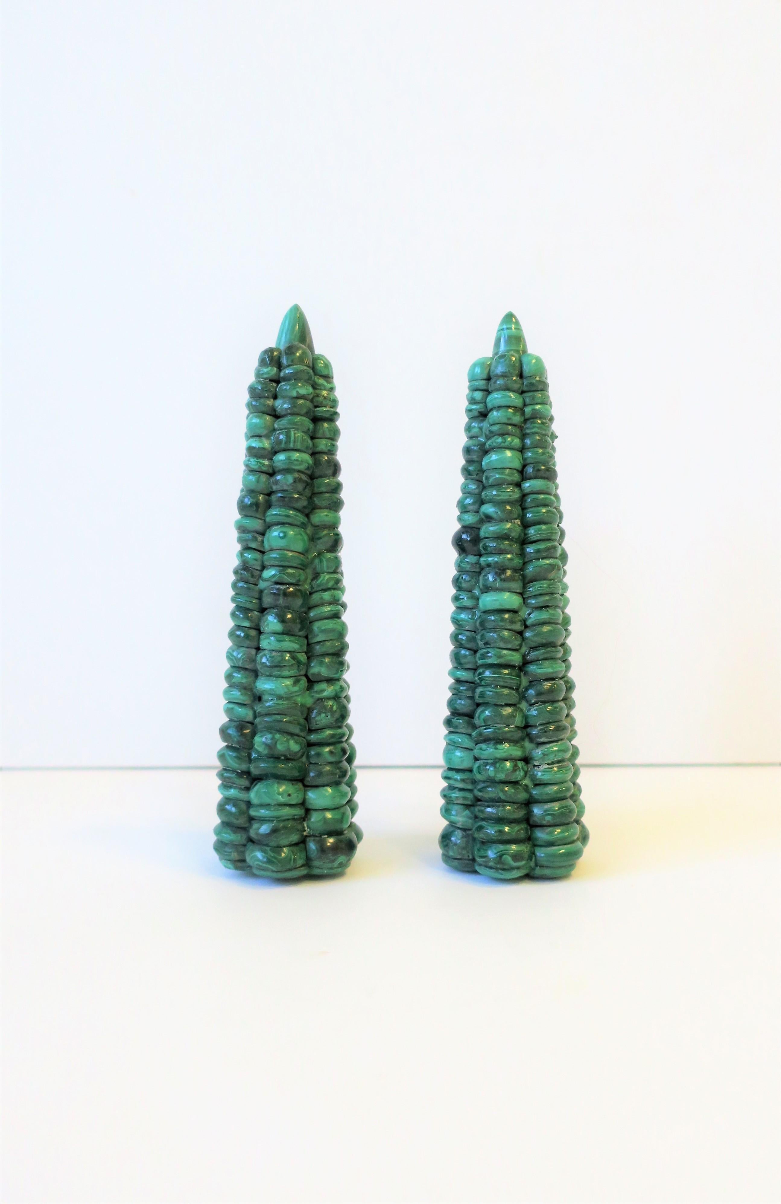 European Pair of Green Malachite 'Corn-on-the-Cob' Obelisks