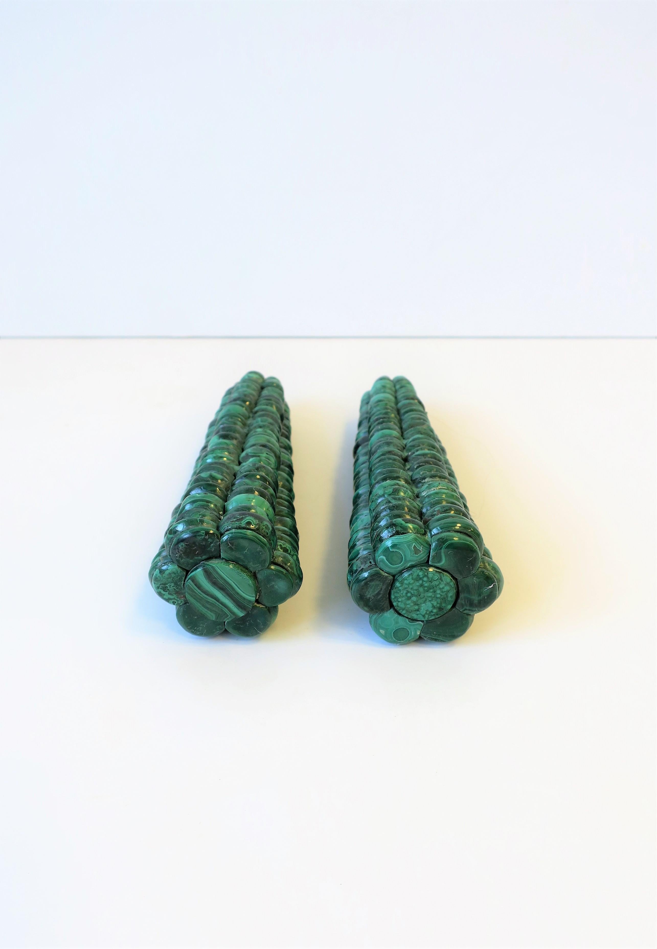 20th Century Pair of Green Malachite 'Corn-on-the-Cob' Obelisks