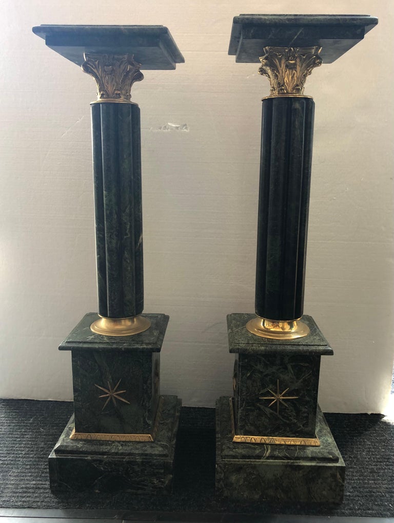 Pair Green Marble Pedestals W/Applied Bronzes For Sale at 1stDibs