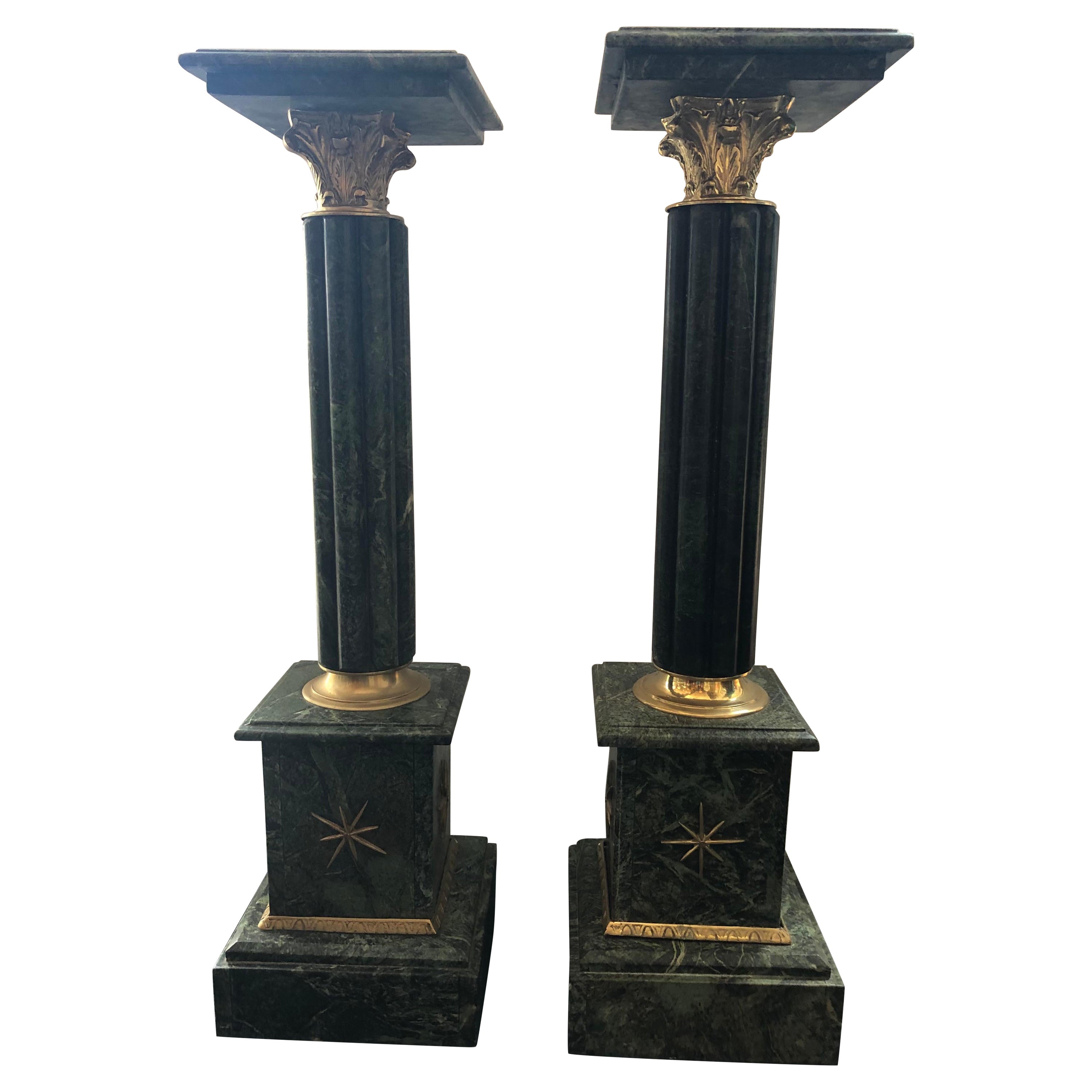Pair Green Marble Pedestals W/Applied Bronzes For Sale