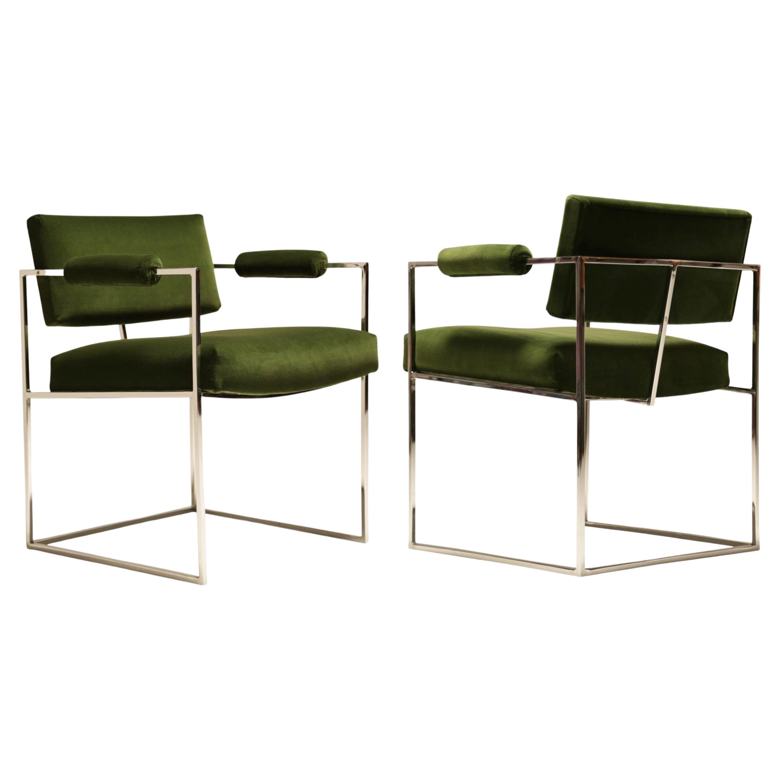 Pair Green Milo Baughman "Thin Line" Dining Chairs for Thayer Coggin