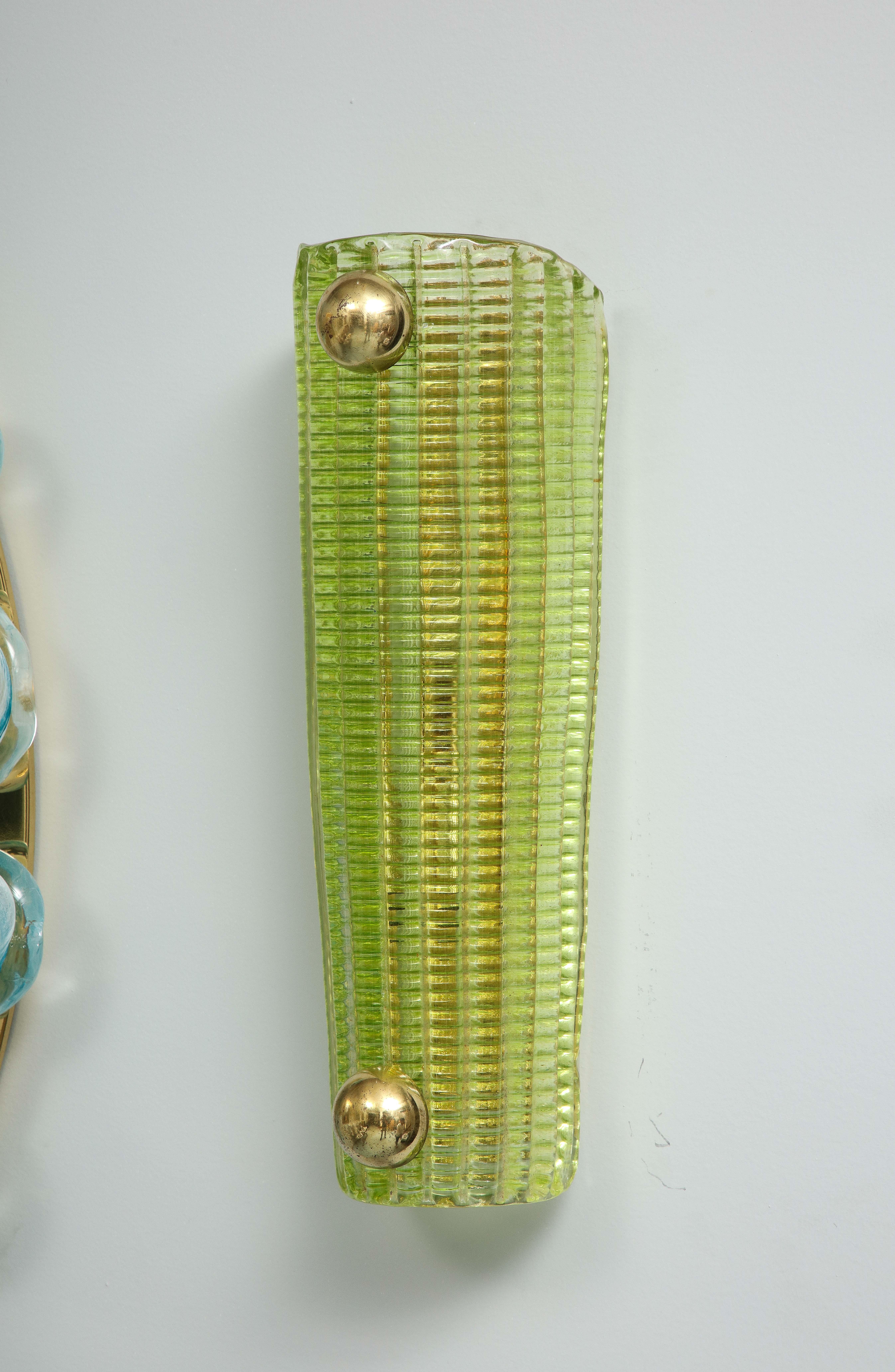 Brass Pair Green Murano Sconces For Sale