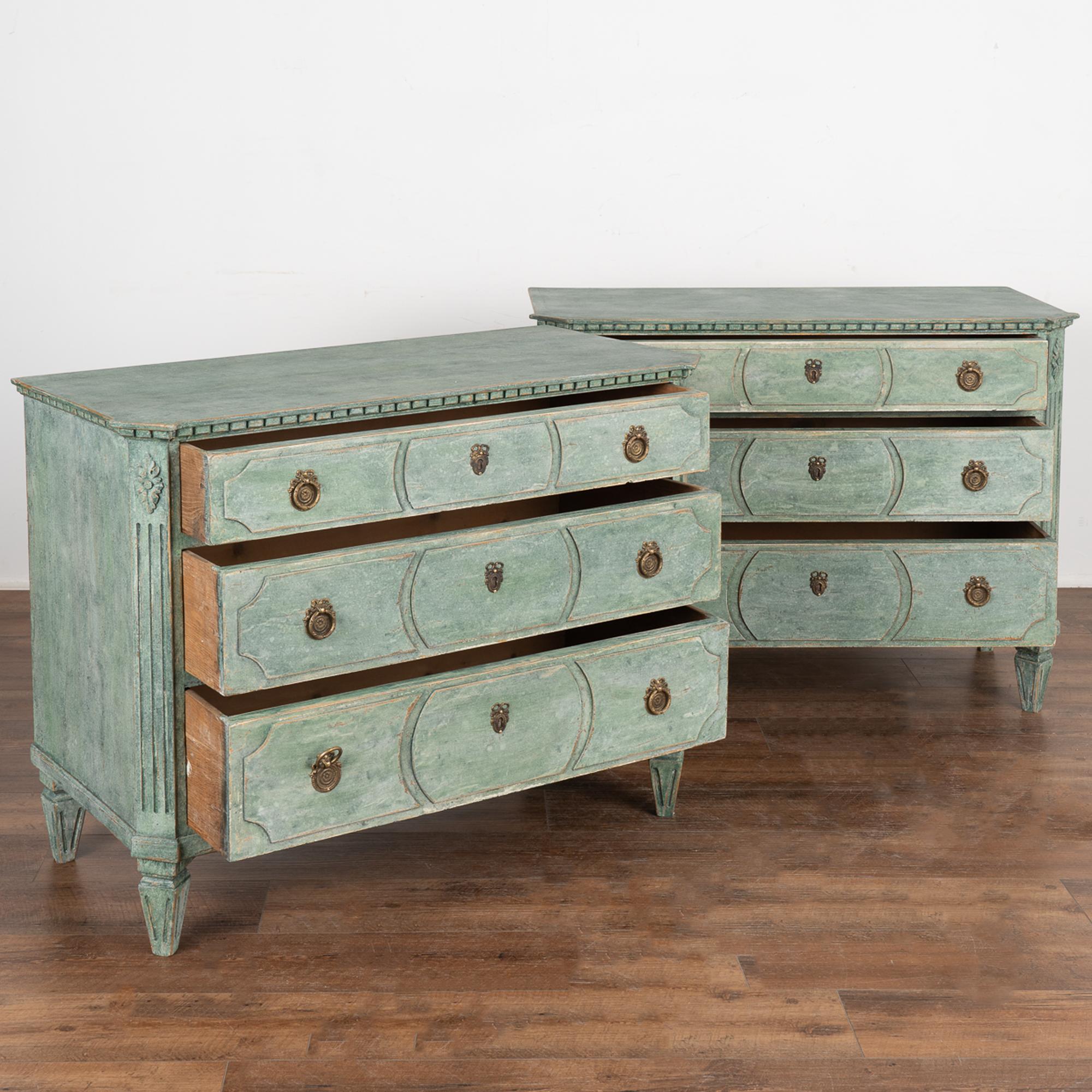 Swedish Pair, Green Painted Gustavian Chest of Drawers, Sweden circa 1860-80
