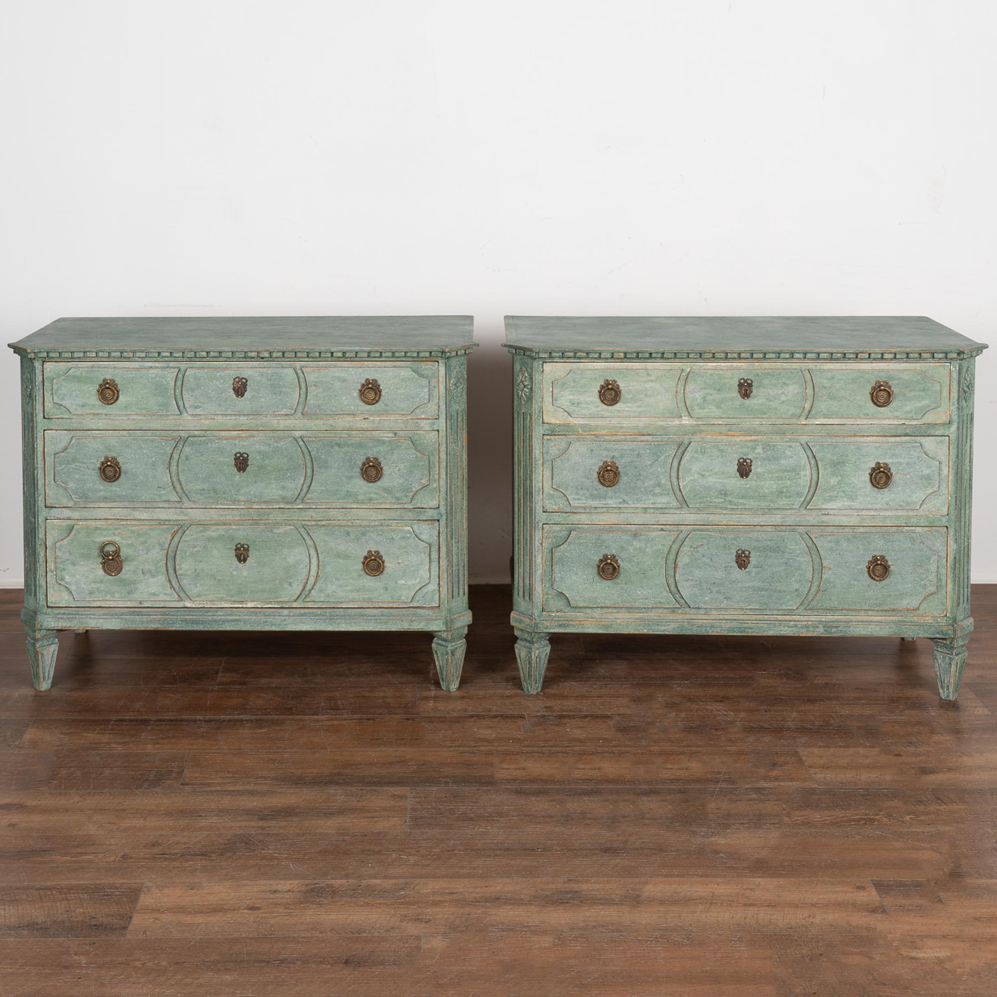 Pair, Green Painted Gustavian Chest of Drawers, Sweden circa 1860-80 In Good Condition In Round Top, TX