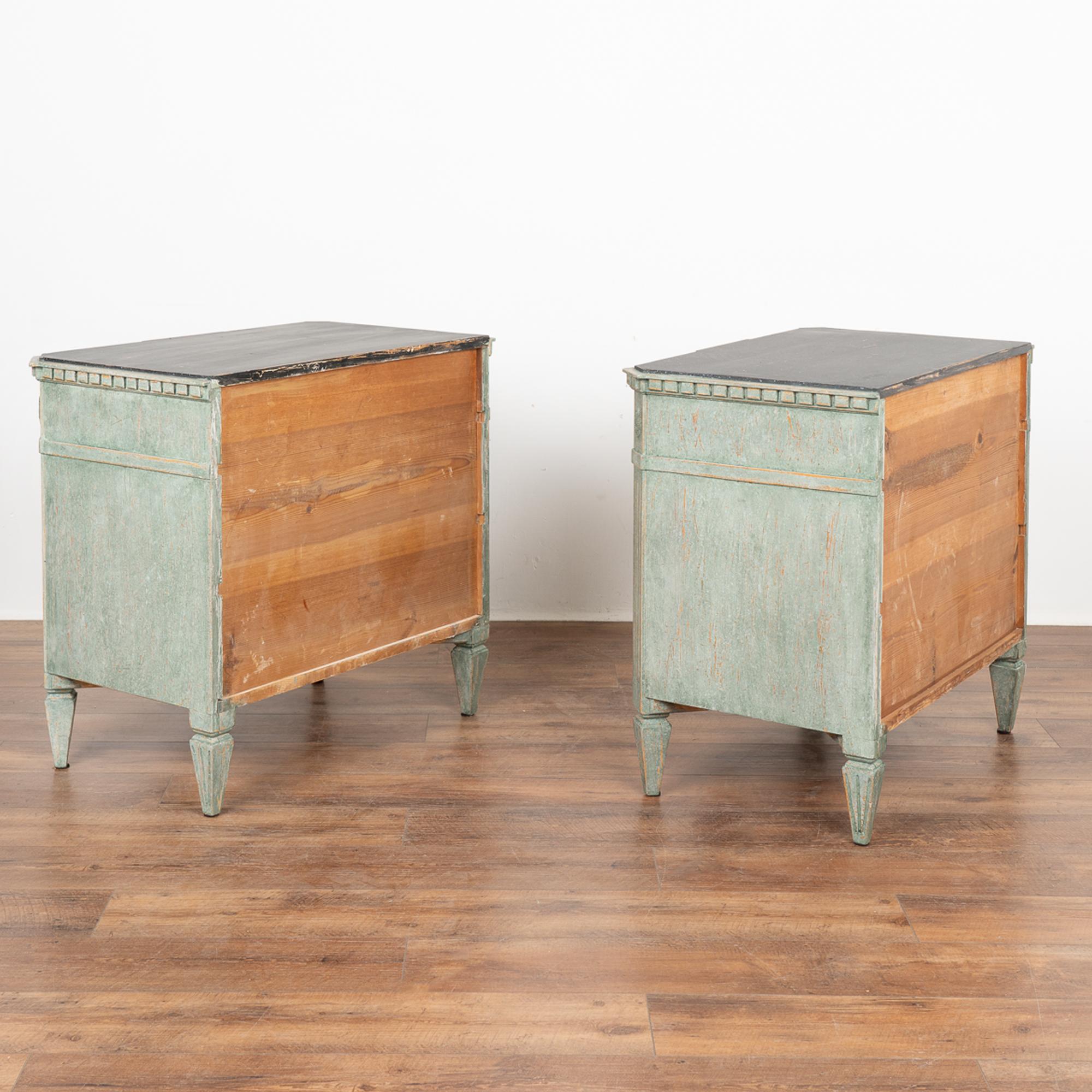 Pair, Green Painted Gustavian Chest of Three Drawers, Sweden circa 1860-80 4