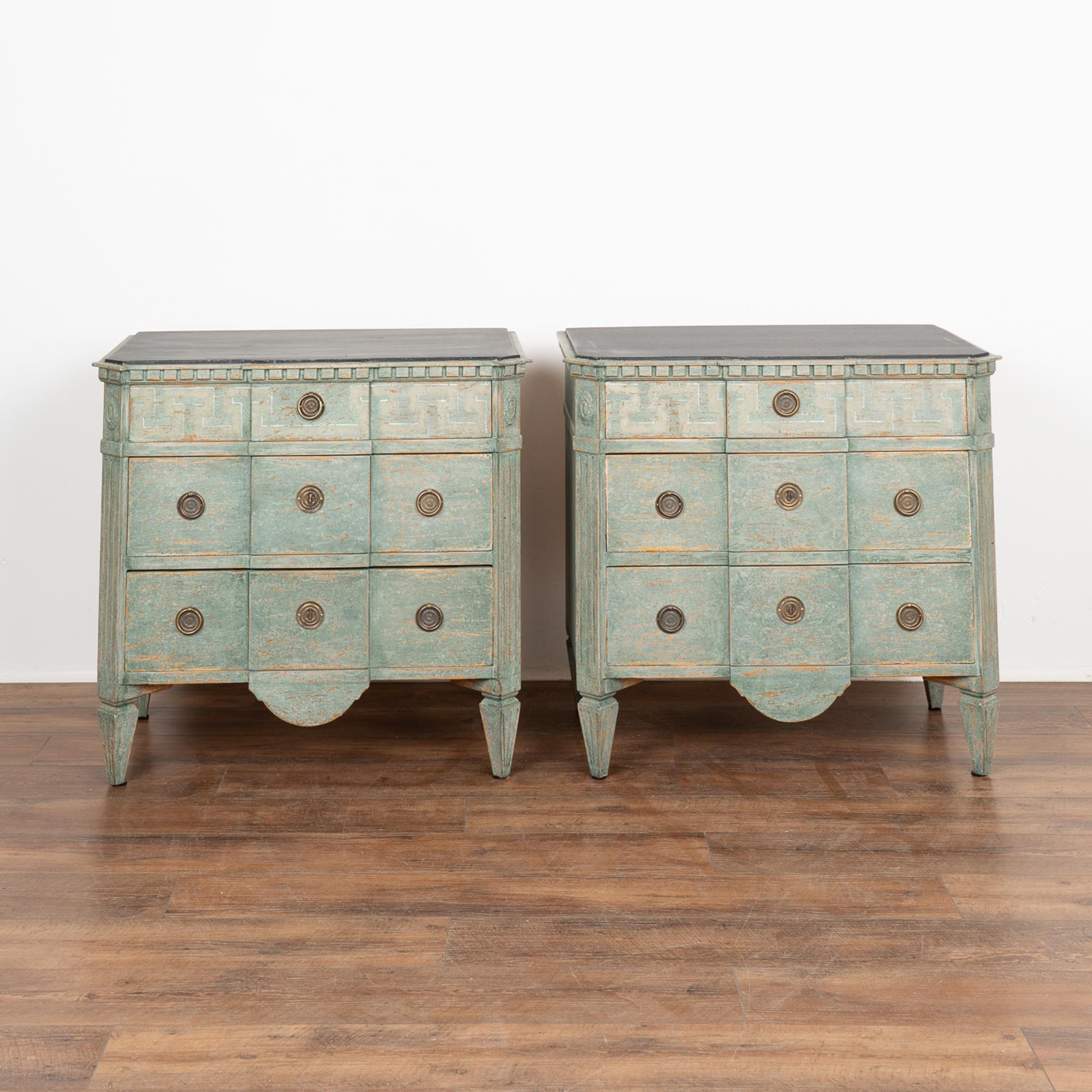 Pair, Green Painted Gustavian Chest of Three Drawers, Sweden circa 1860-80 In Good Condition In Round Top, TX