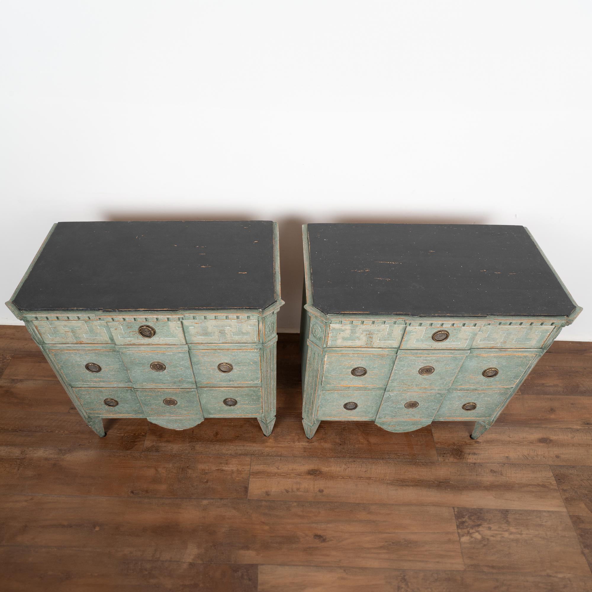 19th Century Pair, Green Painted Gustavian Chest of Three Drawers, Sweden circa 1860-80