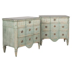 Antique Pair, Green Painted Gustavian Chest of Three Drawers, Sweden circa 1860-80