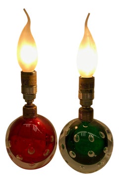 Pair Green & Red Murano Glass Air Bubble Table Lamps Seguso dalla Venezia Venice