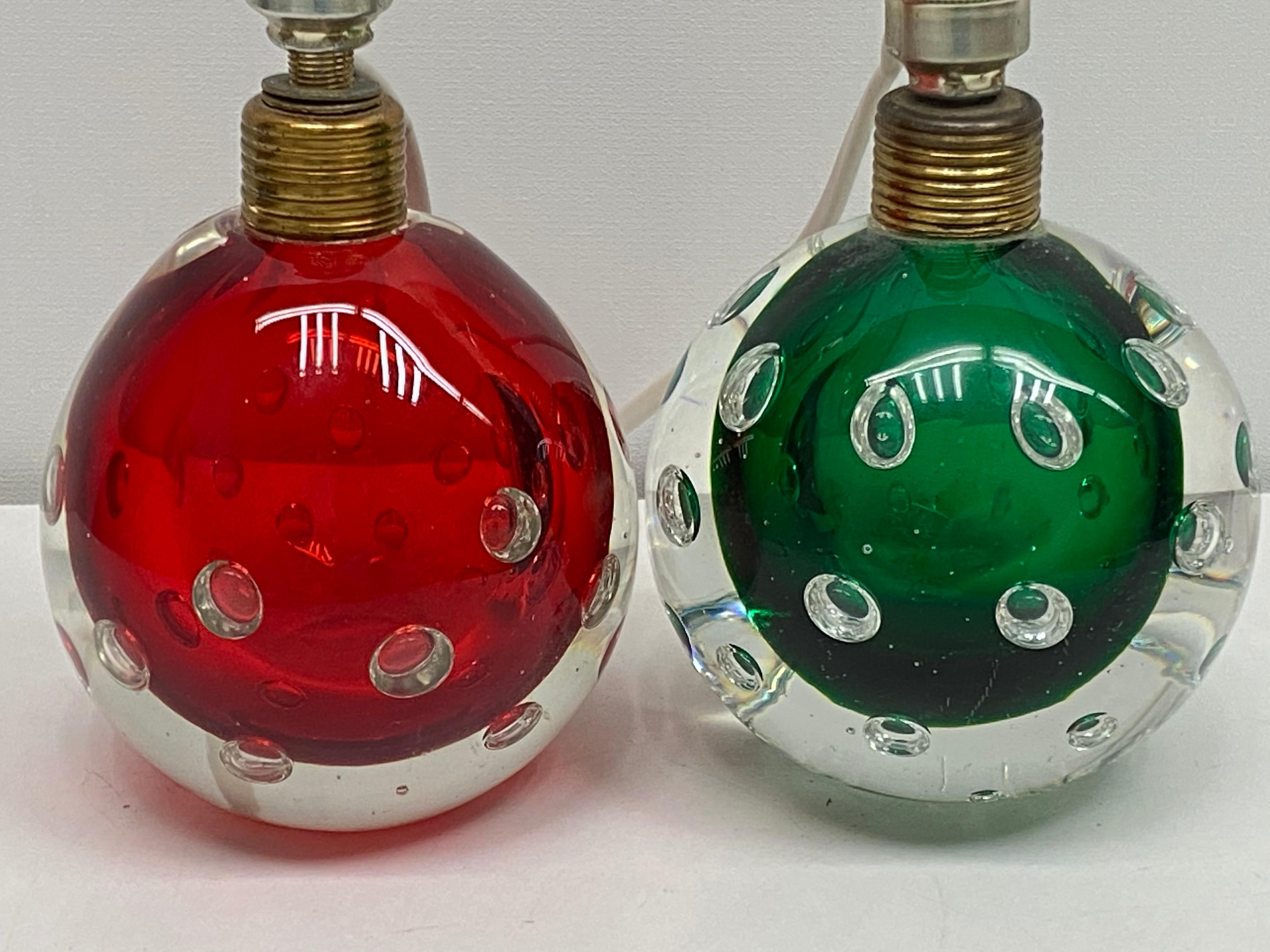 Italian Pair Green & Red Murano Glass Air Bubble Table Lamps Seguso dalla Venezia Venice For Sale