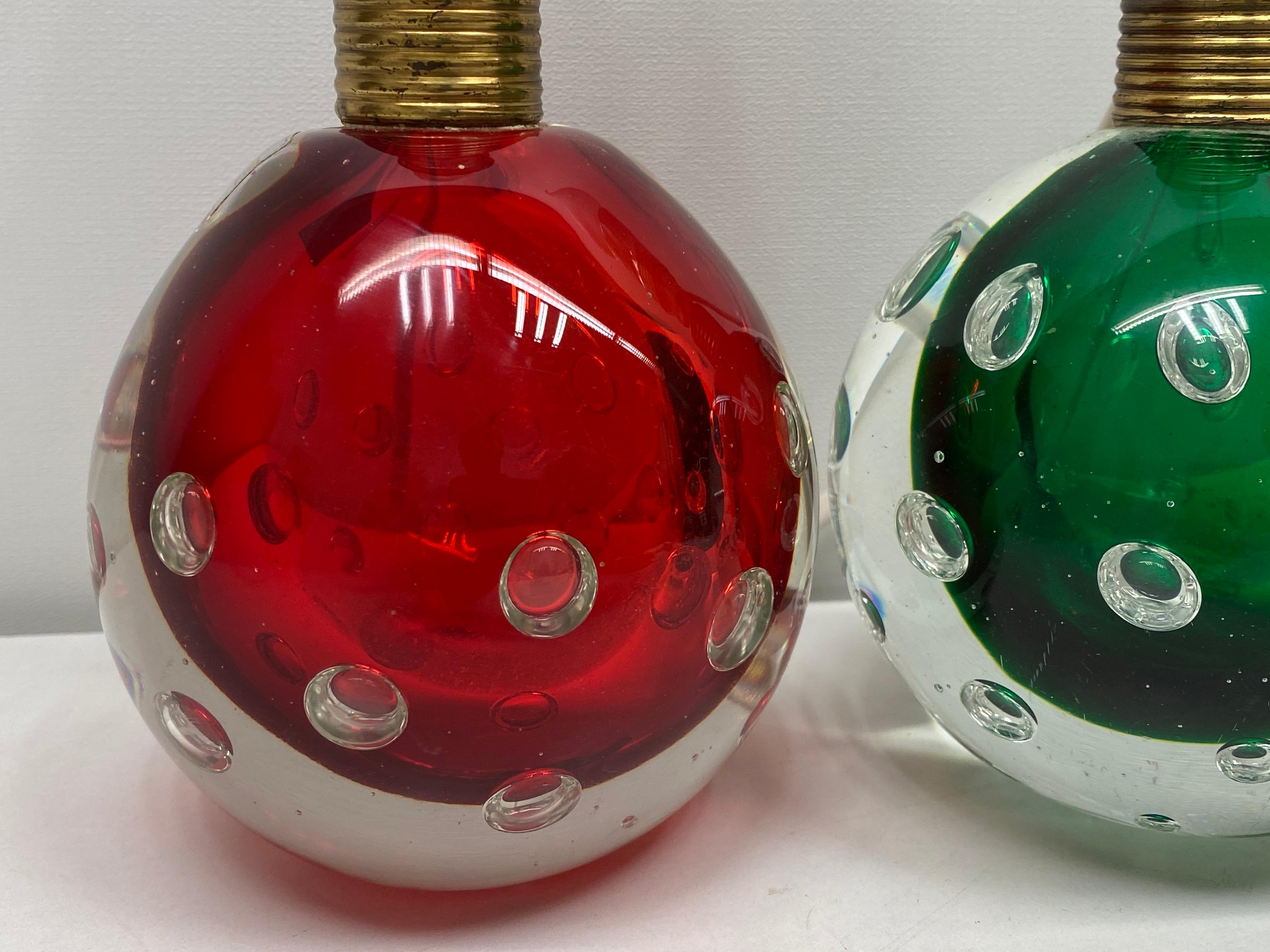 Mid-20th Century Pair Green & Red Murano Glass Air Bubble Table Lamps Seguso dalla Venezia Venice For Sale