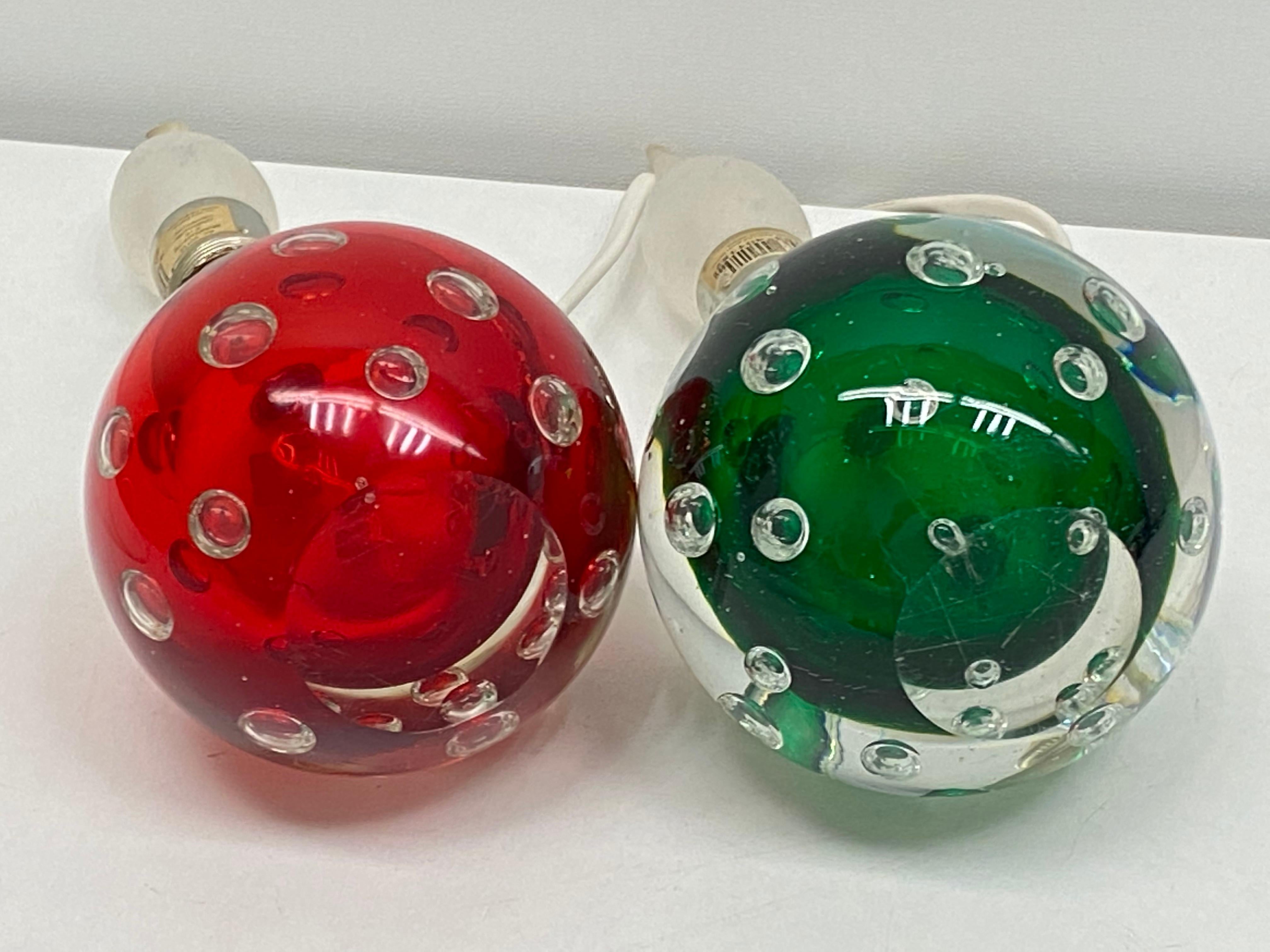 Pair Green & Red Murano Glass Air Bubble Table Lamps Seguso dalla Venezia Venice For Sale 2