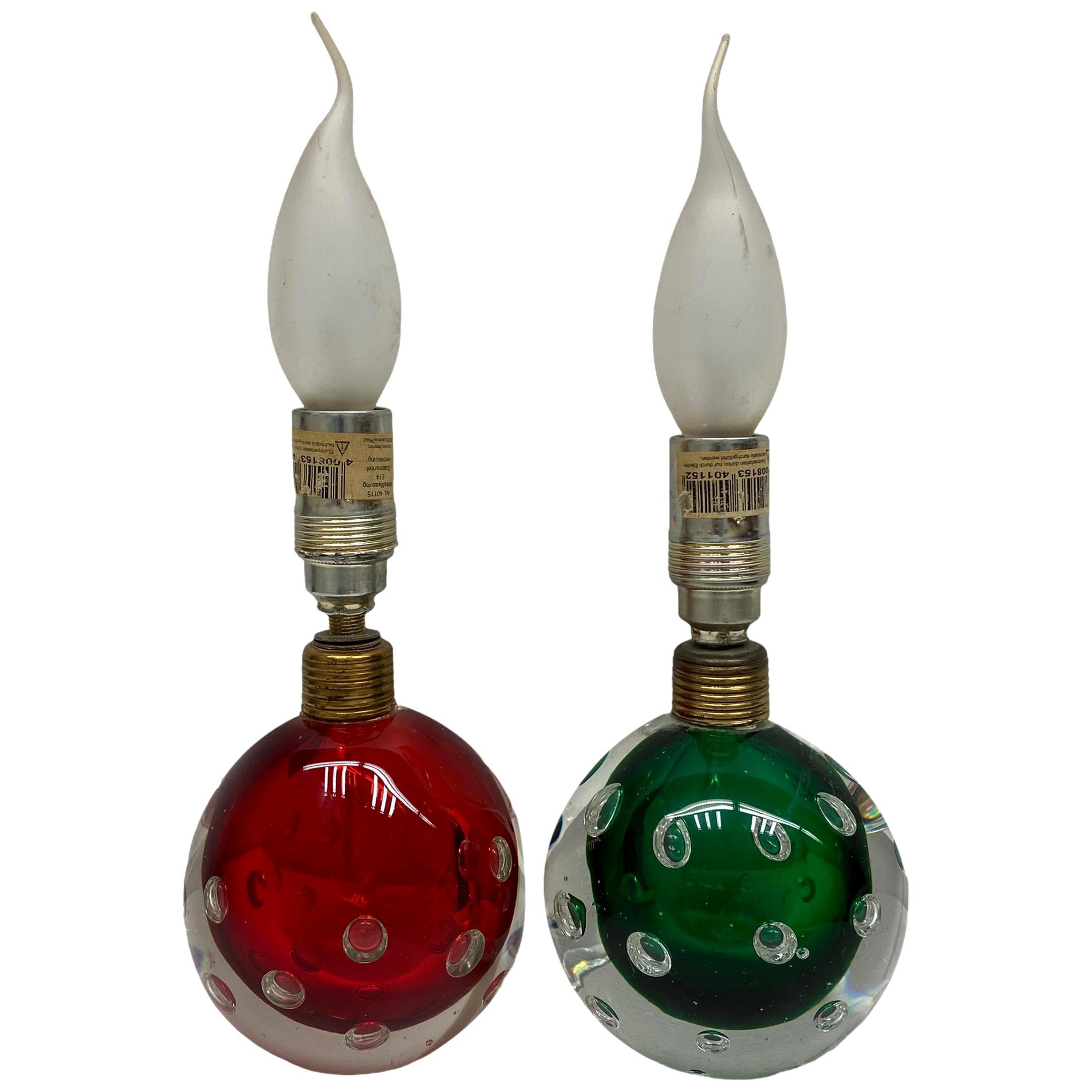 Pair Green & Red Murano Glass Air Bubble Table Lamps Seguso dalla Venezia Venice