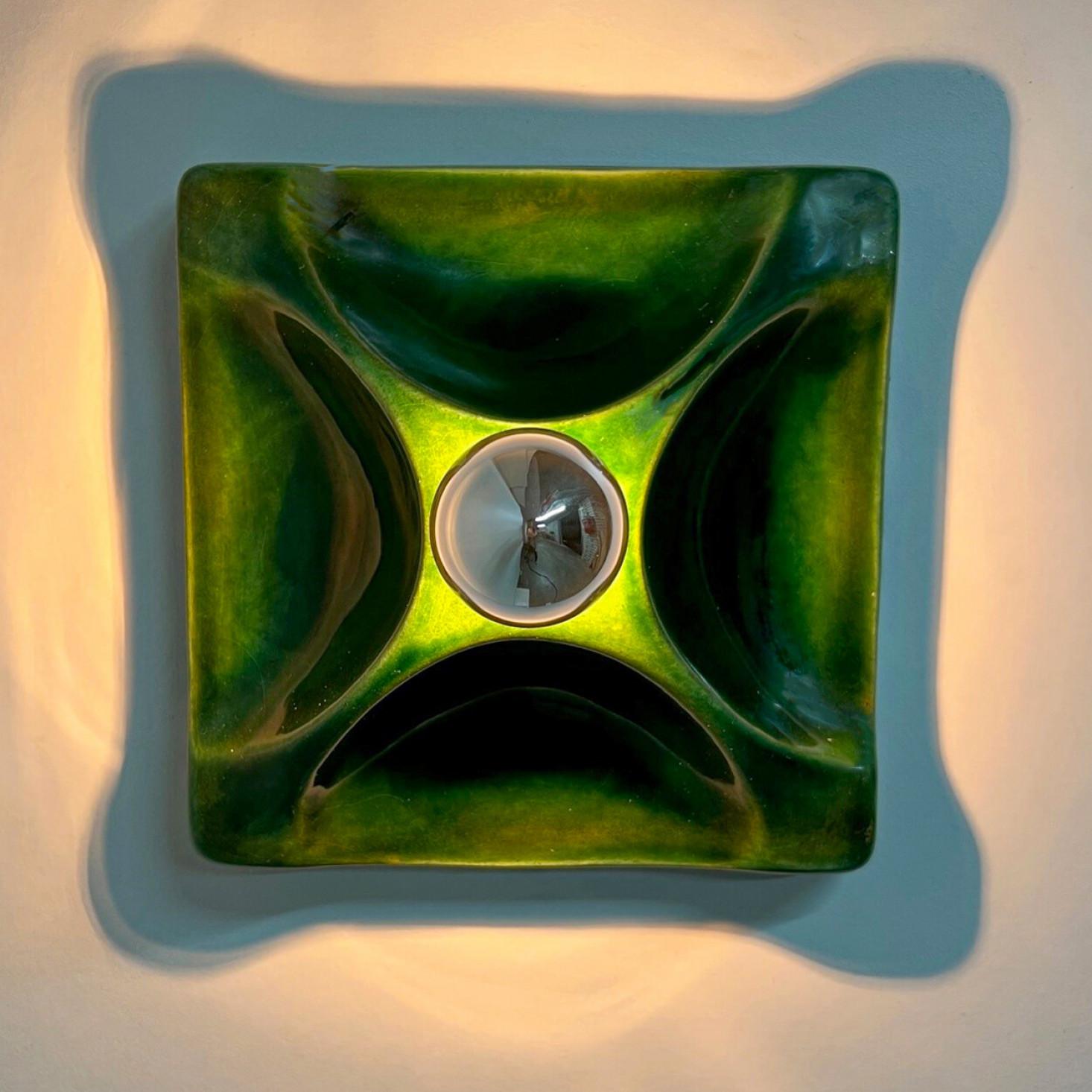 Glazed Pair Green Square Ceramic Wall Lights, Germany, 1970 For Sale