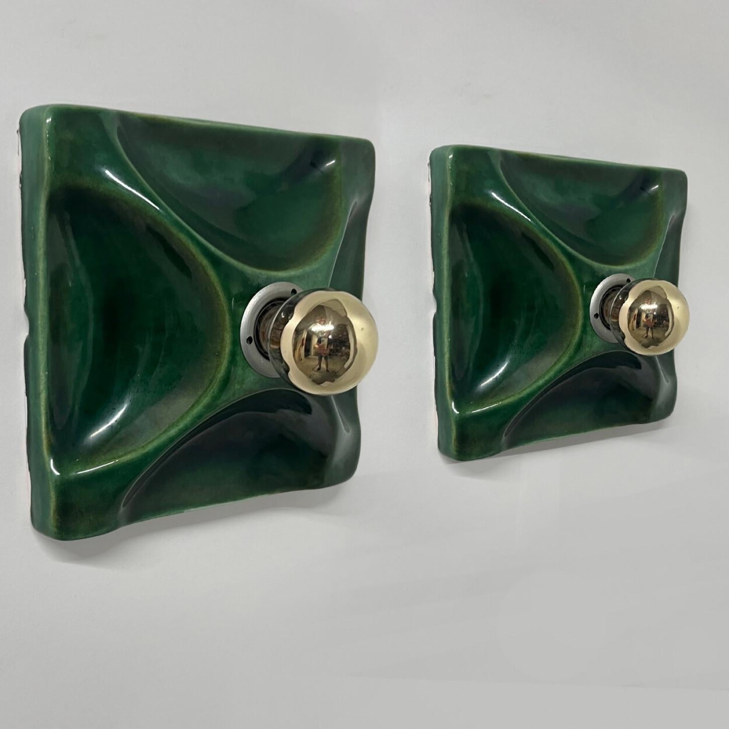 Pair Green Square Ceramic Wall Lights, Germany, 1970 In Good Condition For Sale In Rijssen, NL