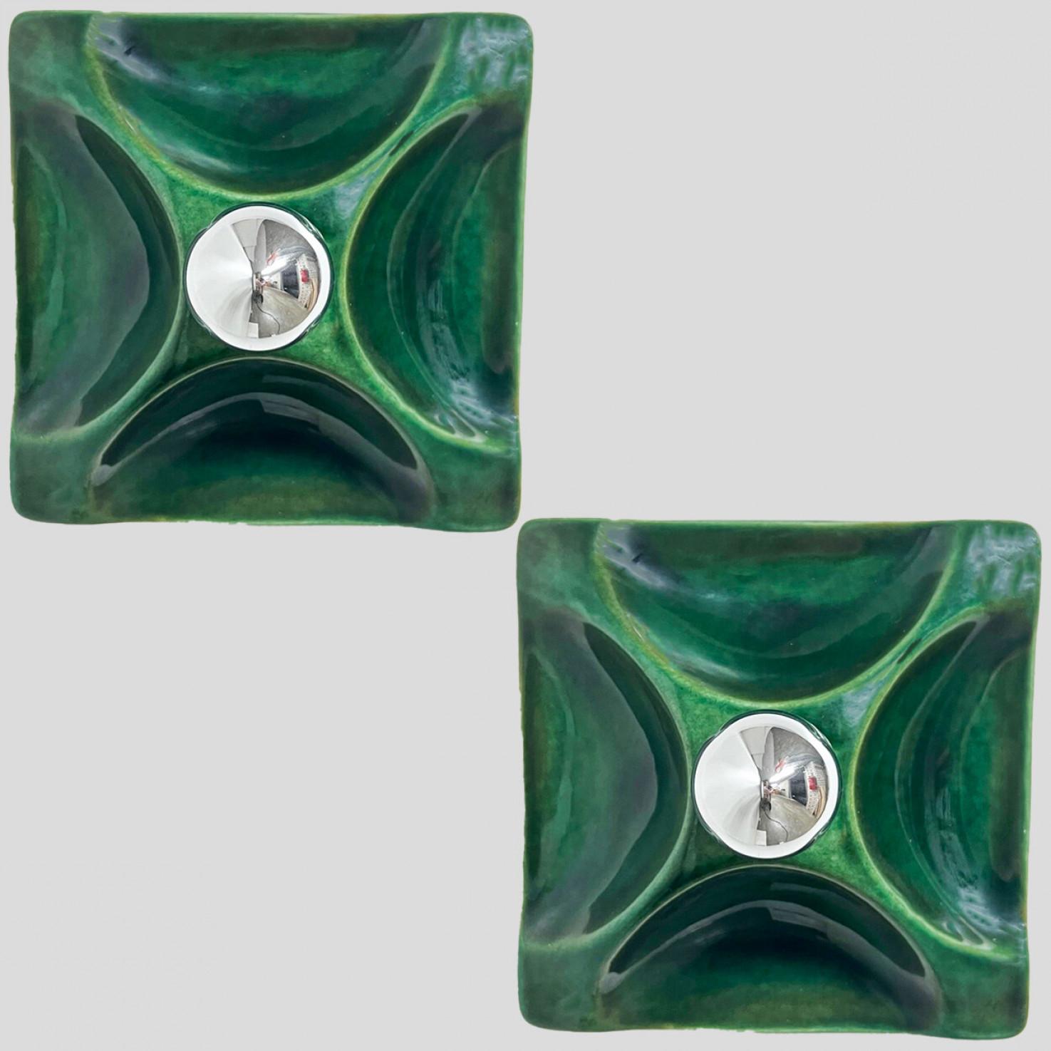 Late 20th Century Pair Green Square Ceramic Wall Lights, Germany, 1970 For Sale
