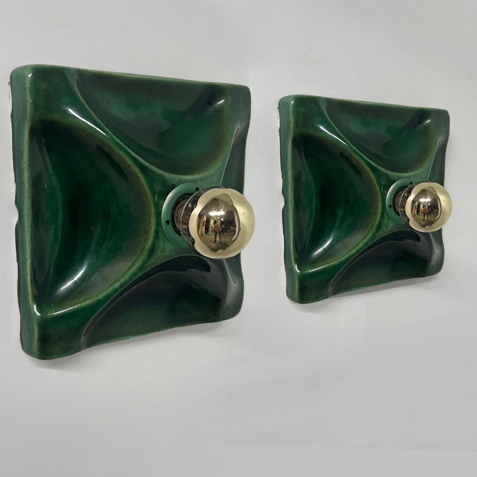 Fin du 20e siècle Paire d'appliques carrées en céramique verte, Allemagne, 1970 en vente