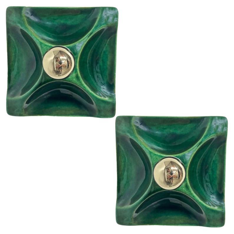 Pair Green Square Ceramic Wall Lights, Germany, 1970