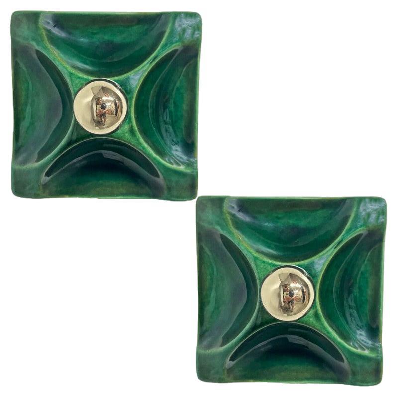 Pair Green Square Ceramic Wall Lights, Germany, 1970 For Sale