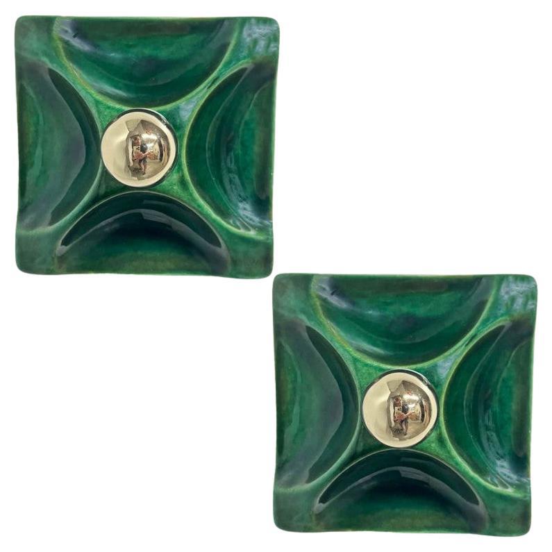 Pair Green Square Ceramic Wall Lights, Germany, 1970 For Sale