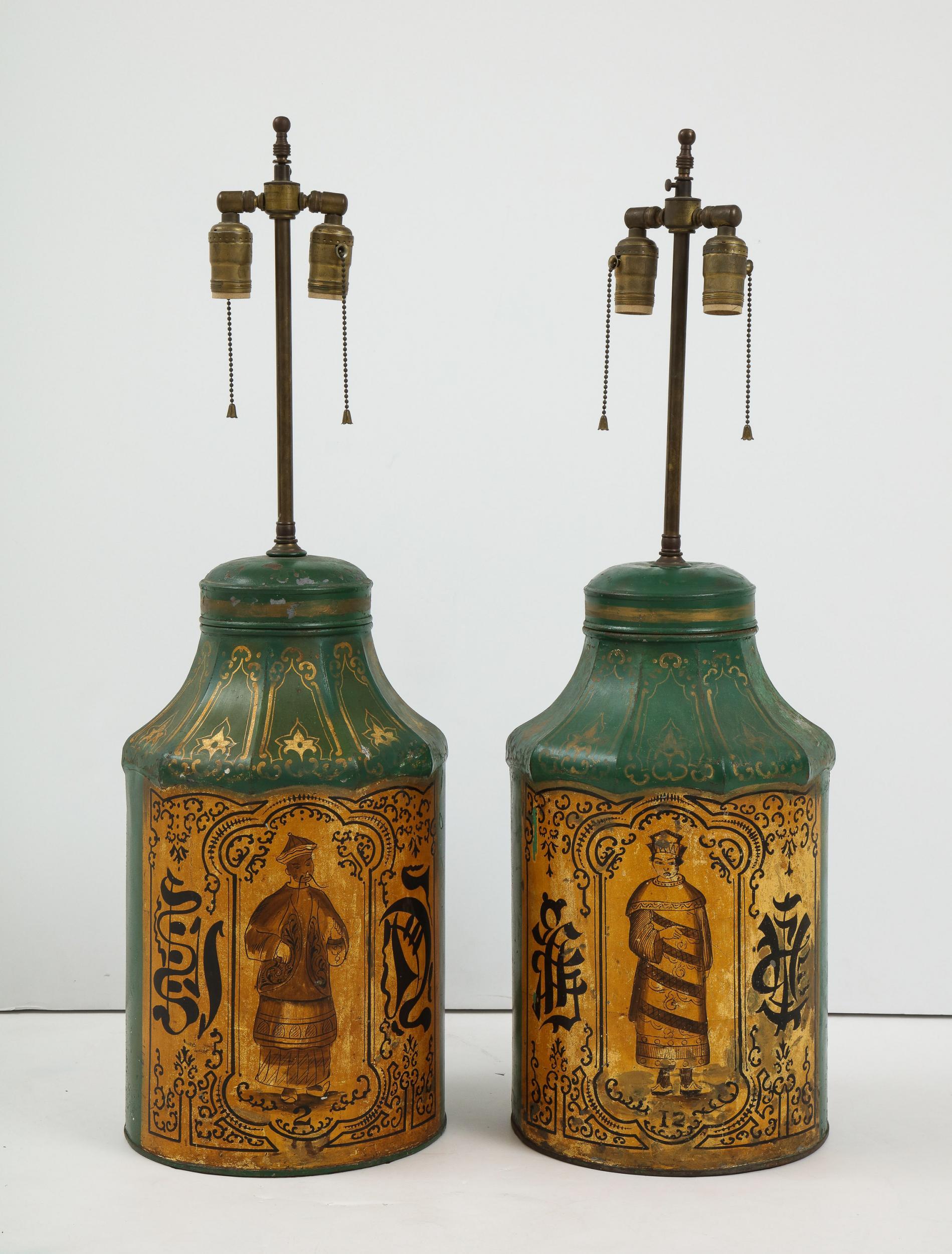 Pair Regency Tole Tea Tin Lamps In Good Condition In Greenwich, CT