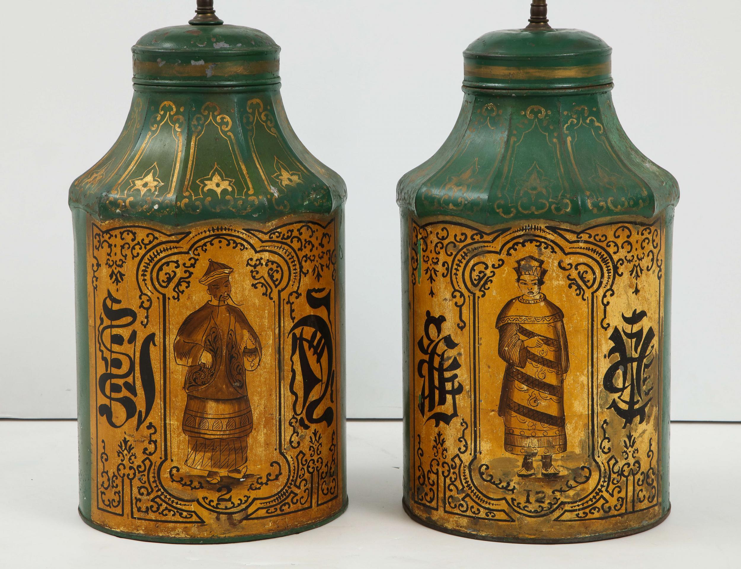 19th Century Pair Regency Tole Tea Tin Lamps