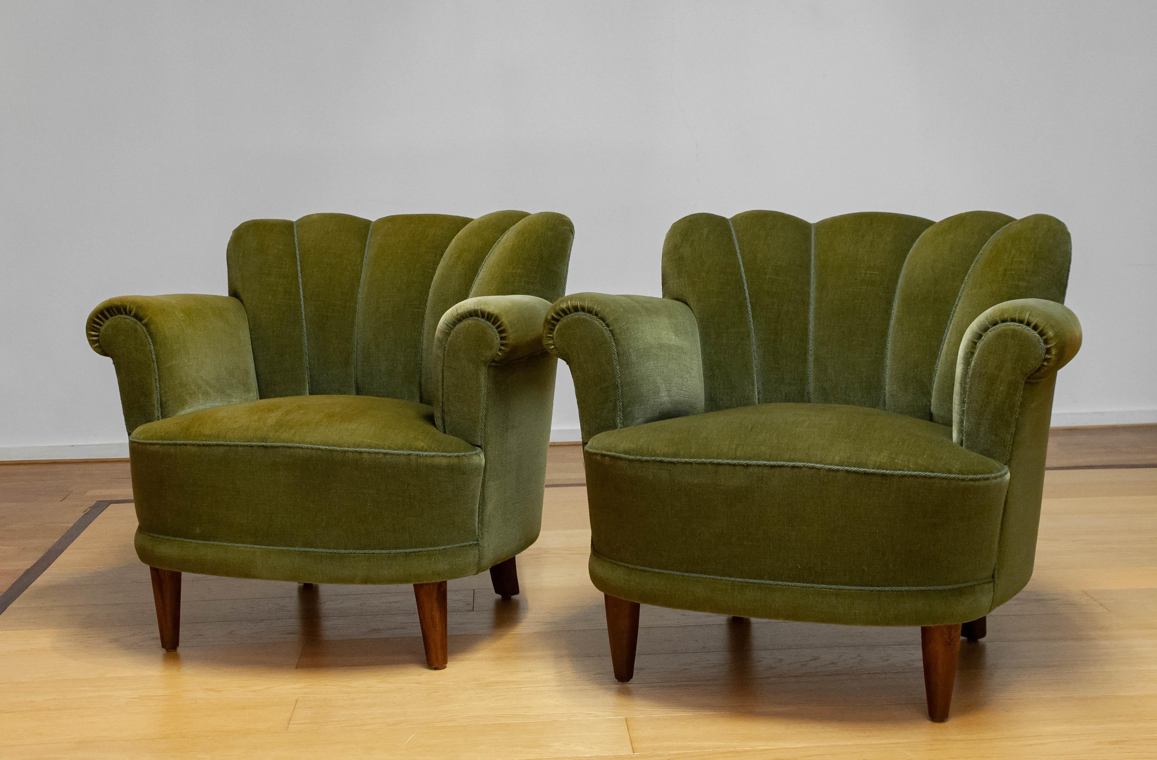 Art Nouveau Pair Green Velvet Lounge Easy Chair Attributed To Carl-Johan Boman Finland 1940