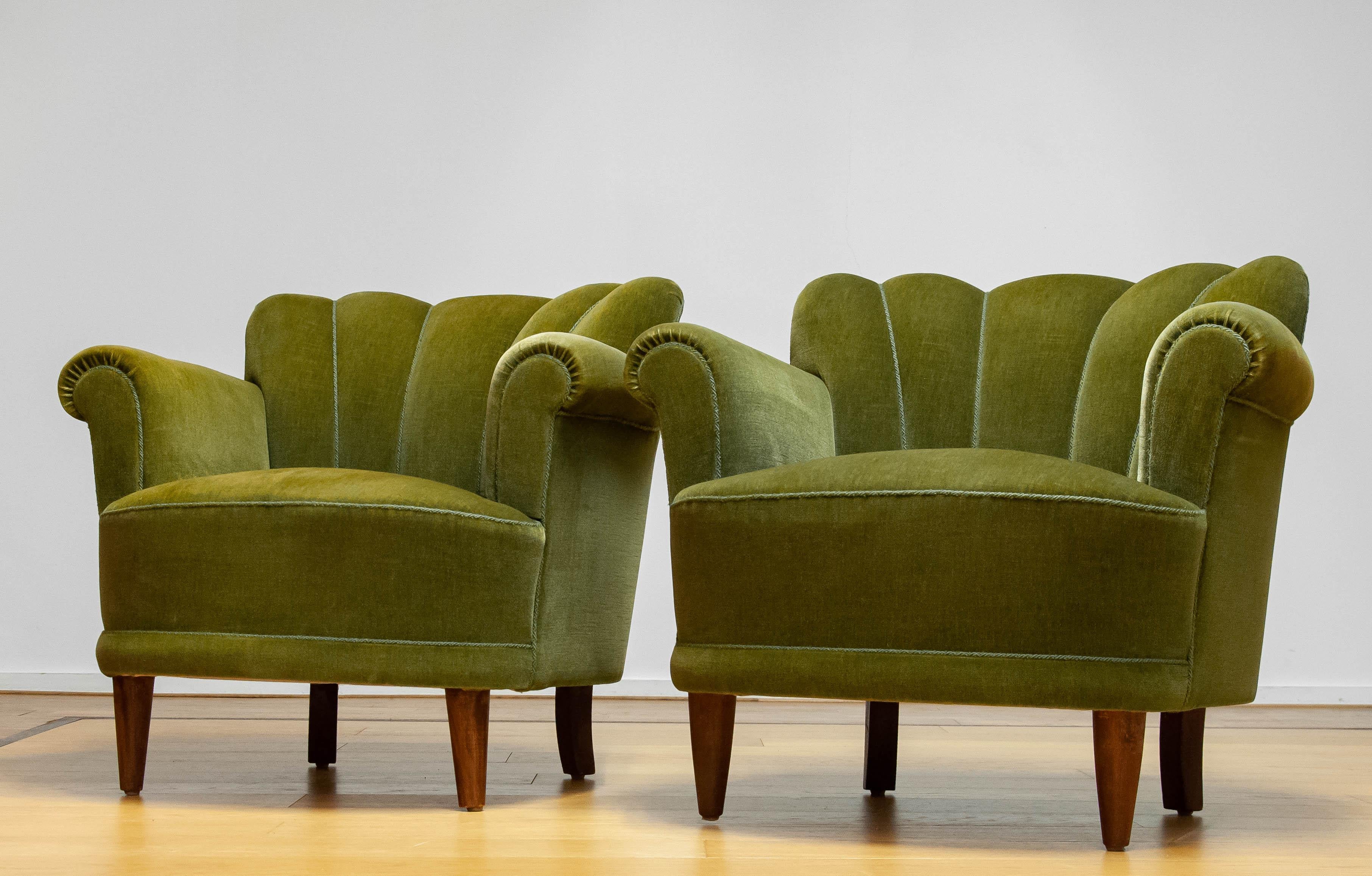 Finnish Pair Green Velvet Lounge Easy Chair Attributed To Carl-Johan Boman Finland 1940