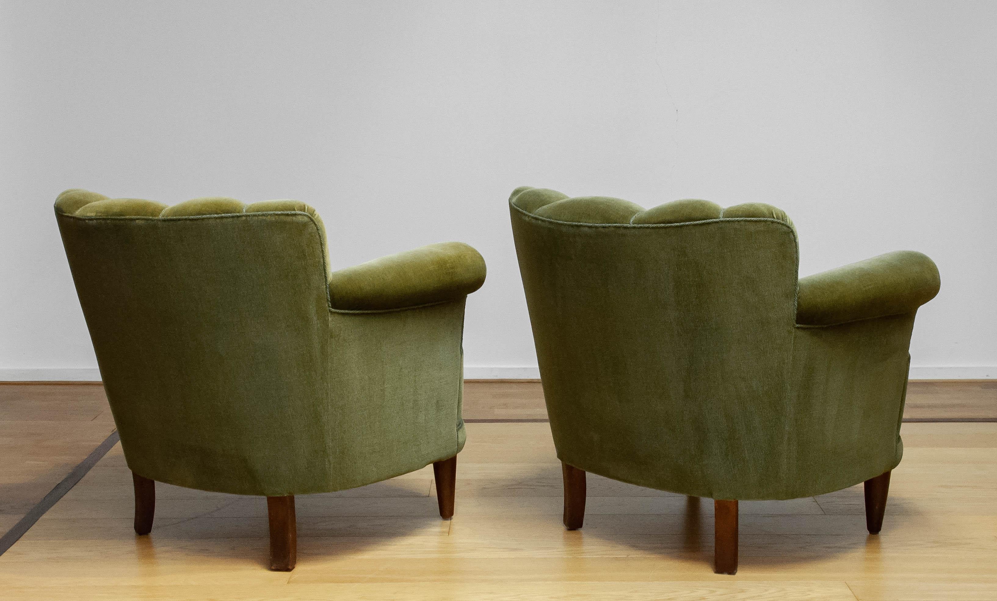 Pair Green Velvet Lounge Easy Chair Attributed To Carl-Johan Boman Finland 1940 1