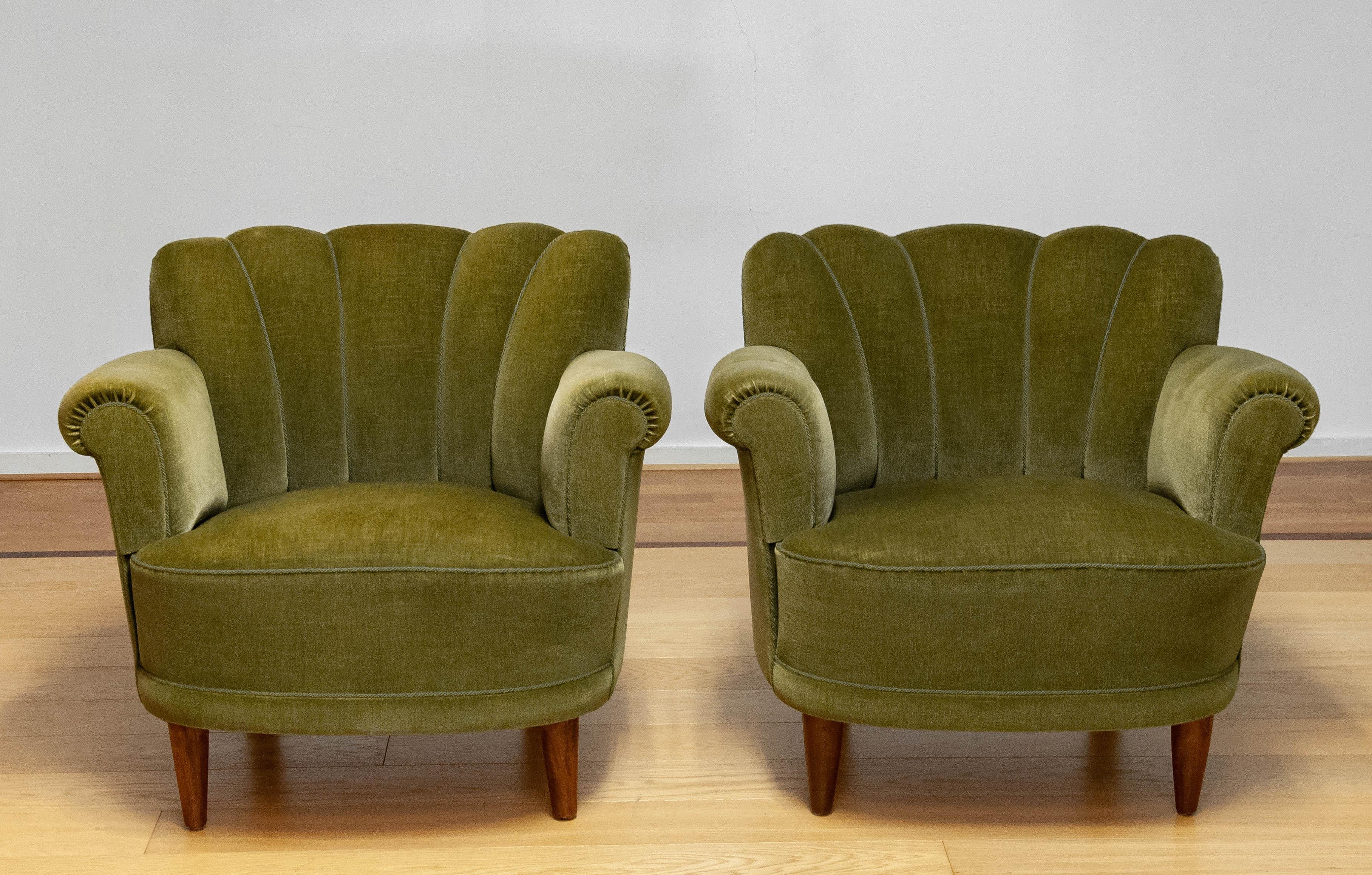 Pair Green Velvet Lounge Easy Chair Attributed To Carl-Johan Boman Finland 1940 2