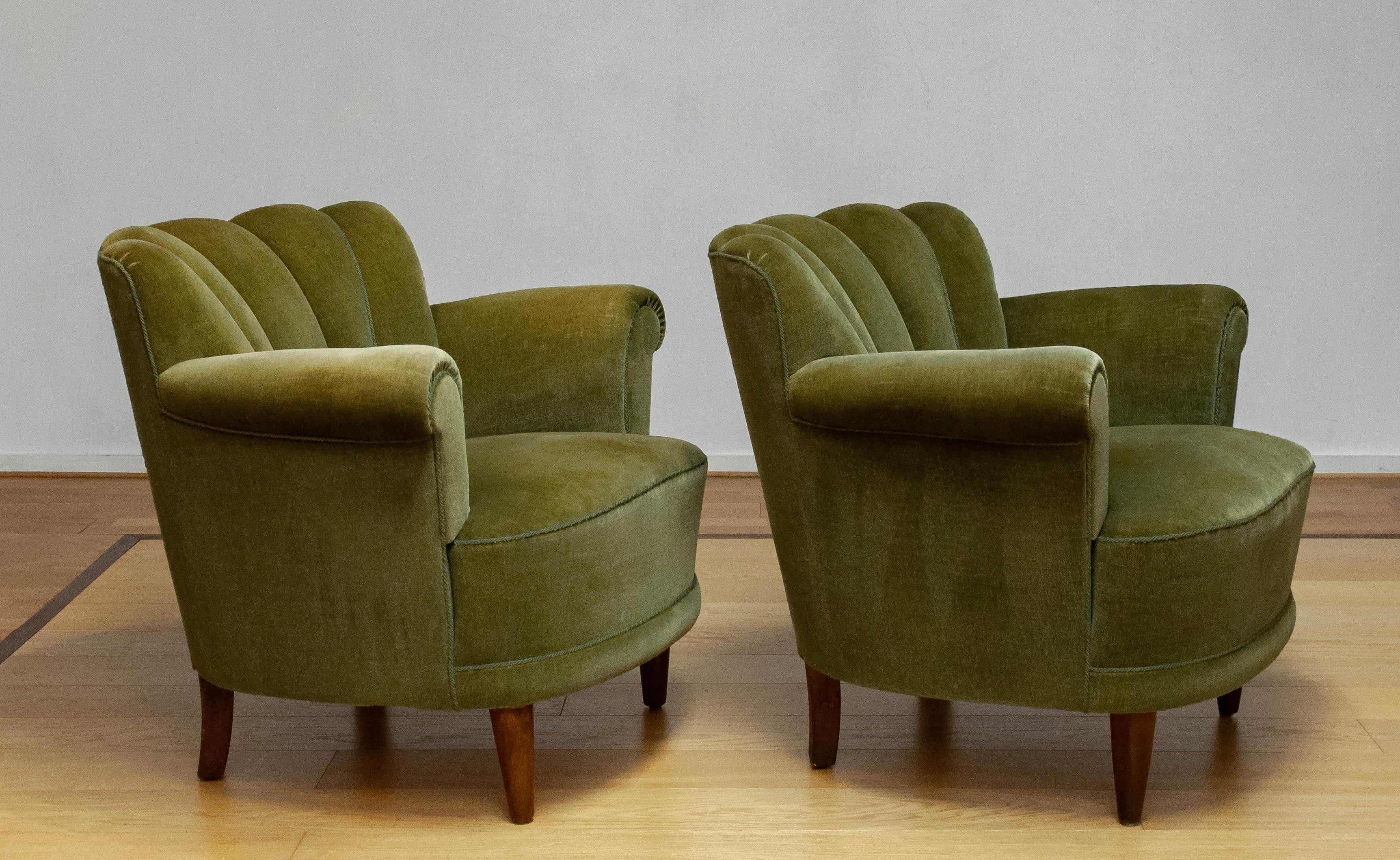 Pair Green Velvet Lounge Easy Chair Attributed To Carl-Johan Boman Finland 1940 3