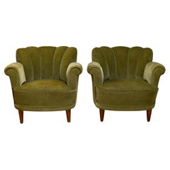 Pair Green Velvet Lounge Easy Chair Attributed To Carl-Johan Boman Finland 1940