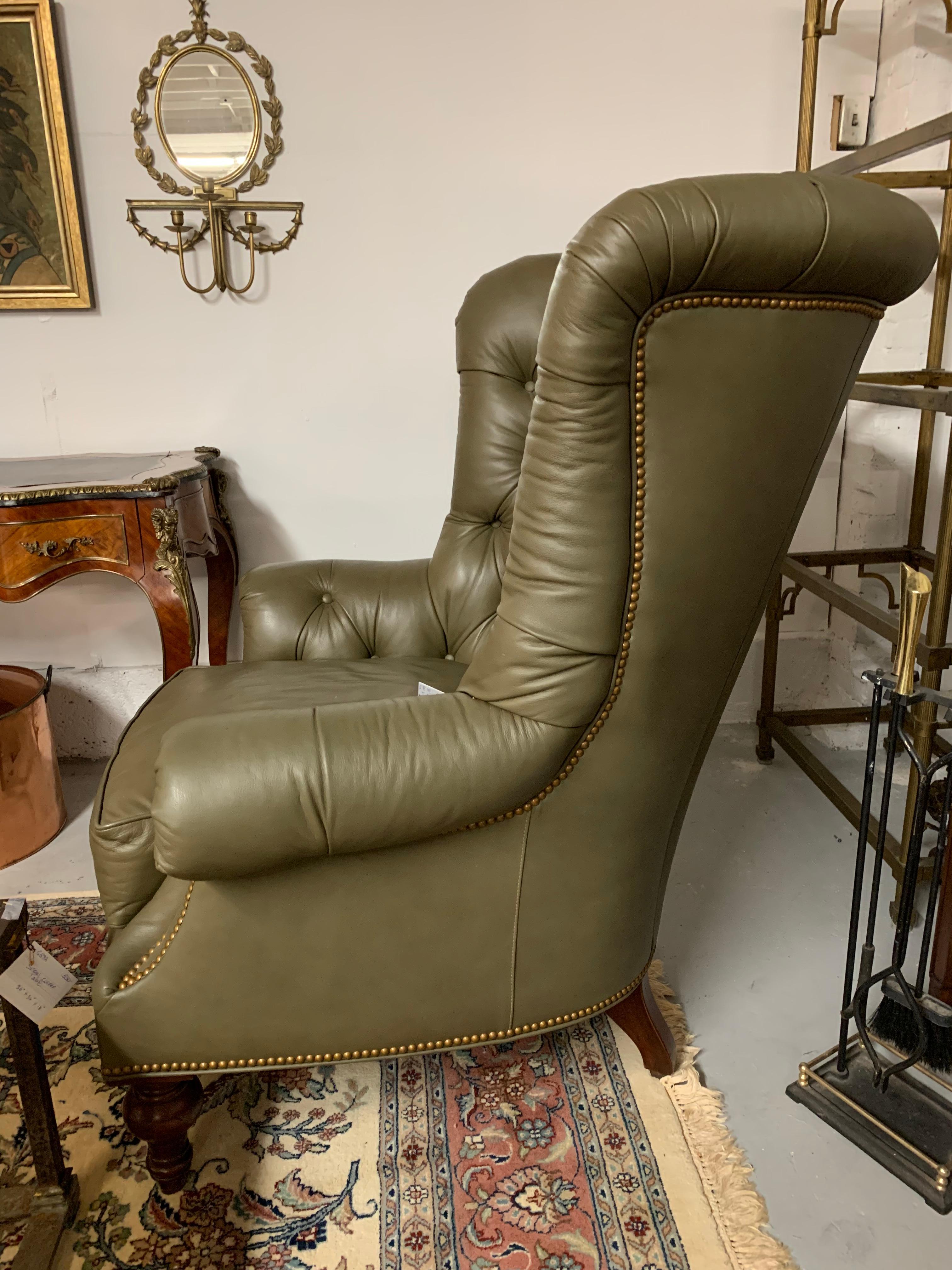 American Pair Greenwich Design Custom Olive Green Leather Chesterfield Wing Back Chairs
