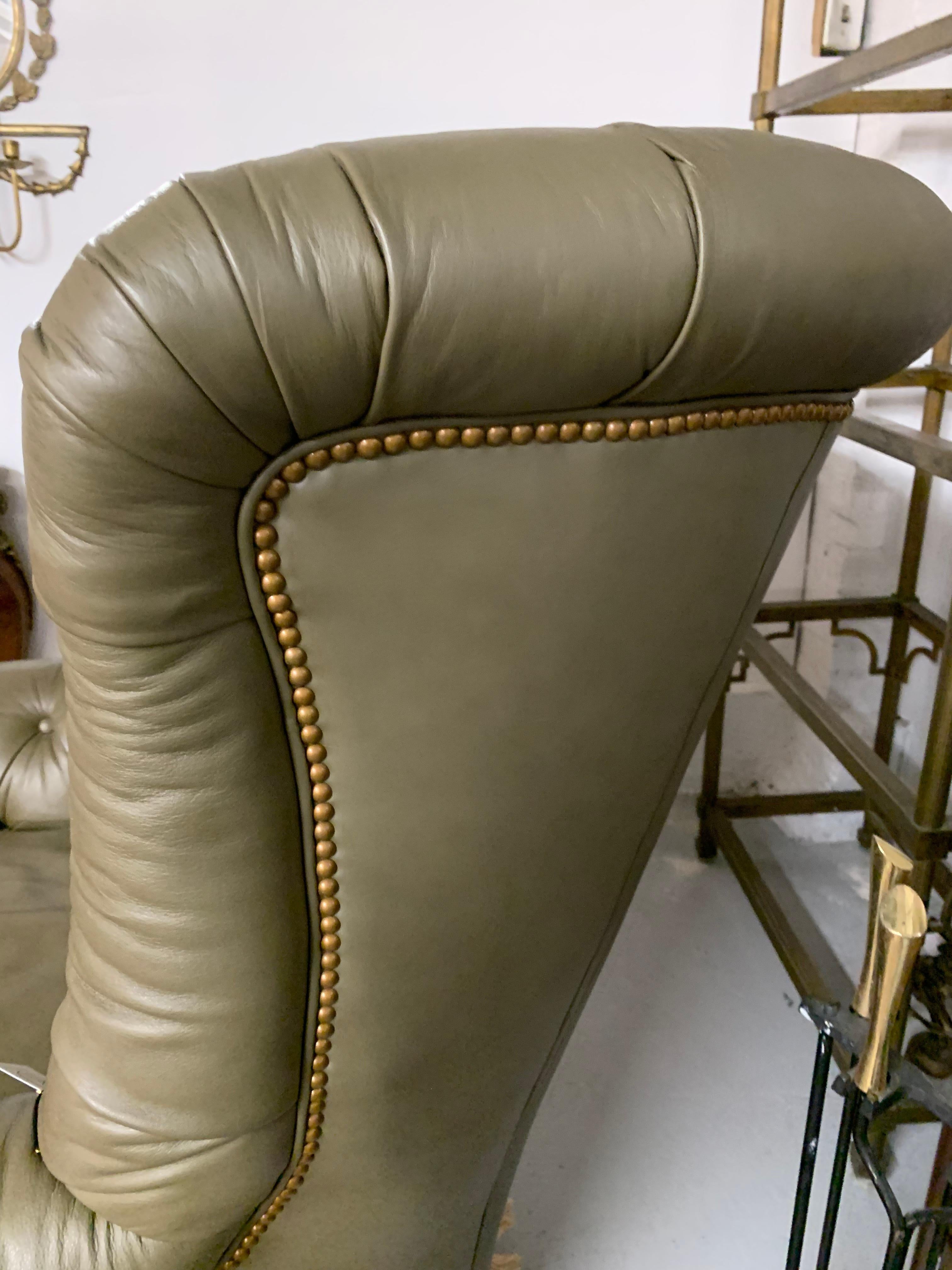 Pair Greenwich Design Custom Olive Green Leather Chesterfield Wing Back Chairs In Good Condition In West Hartford, CT
