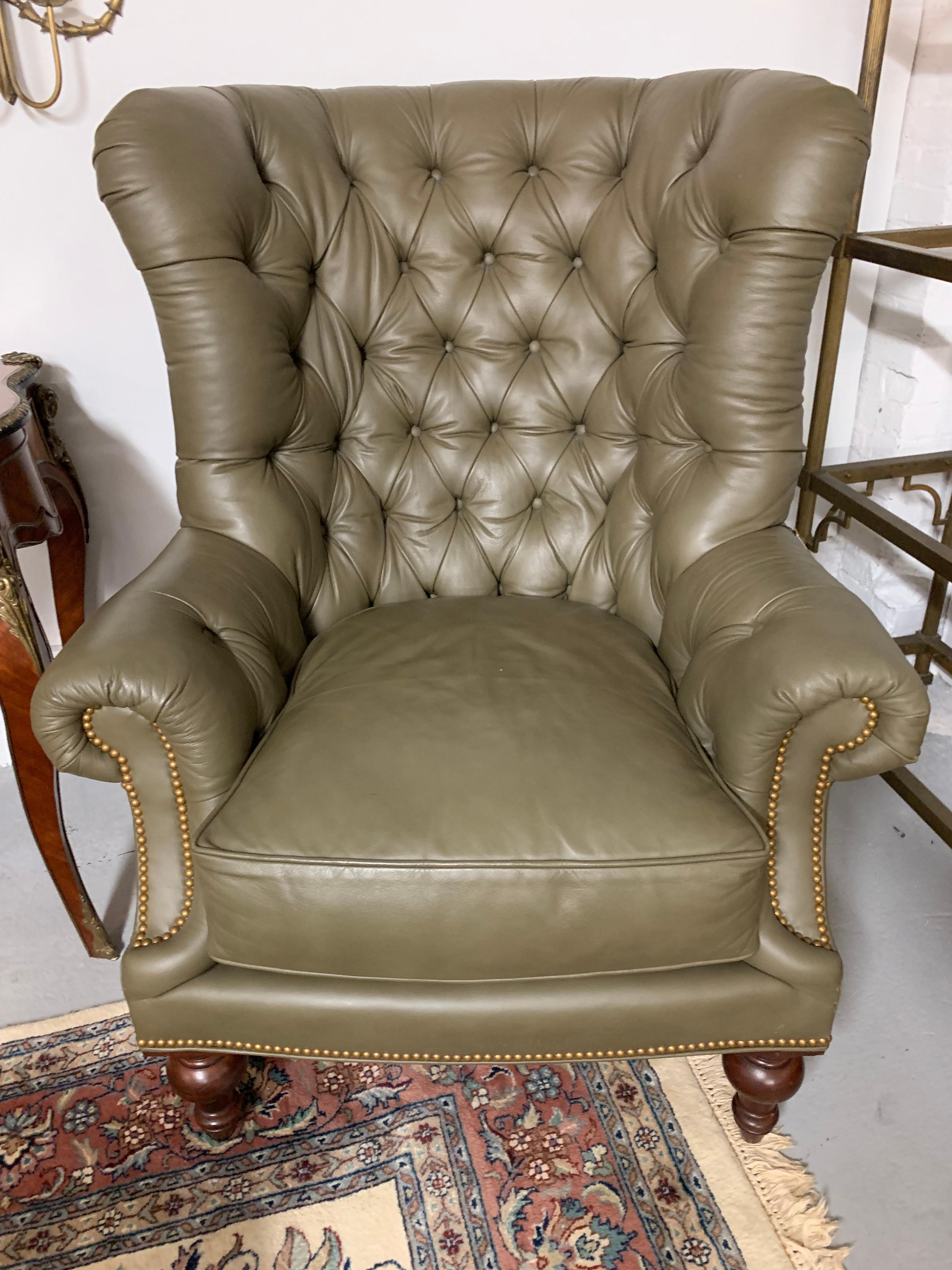 20th Century Pair Greenwich Design Custom Olive Green Leather Chesterfield Wing Back Chairs