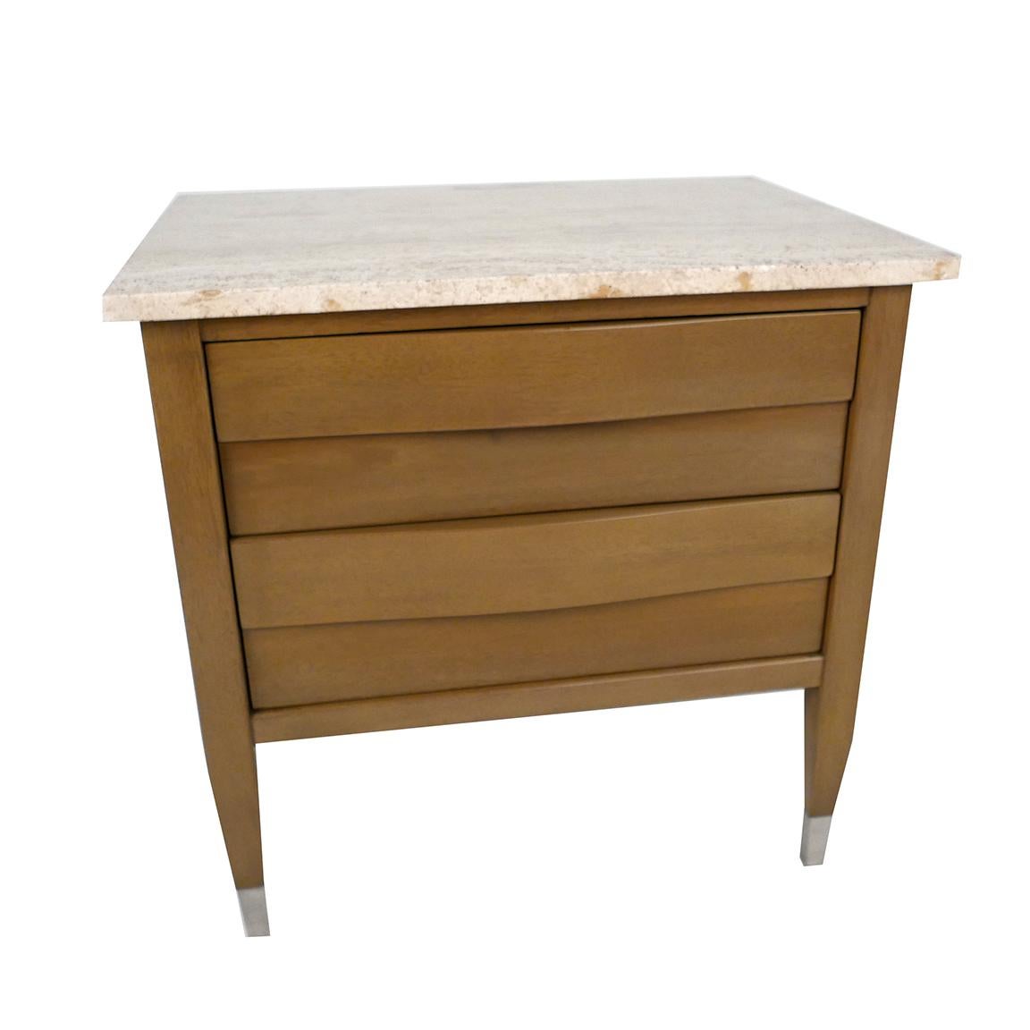 The travertine marble top with 2 drawers in wave pattern on square tapering legs, with polished nickel caps.