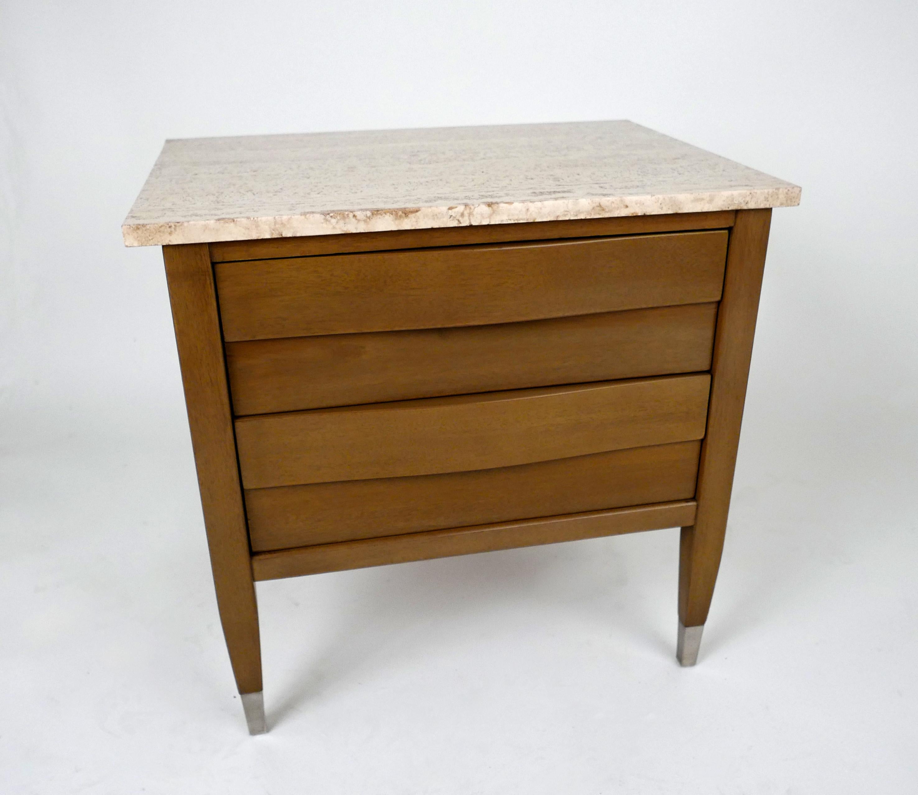 Mid-Century Modern Pair of Grey Cerused and Travertine Marble Top Nightstands, Merton Gershun For Sale