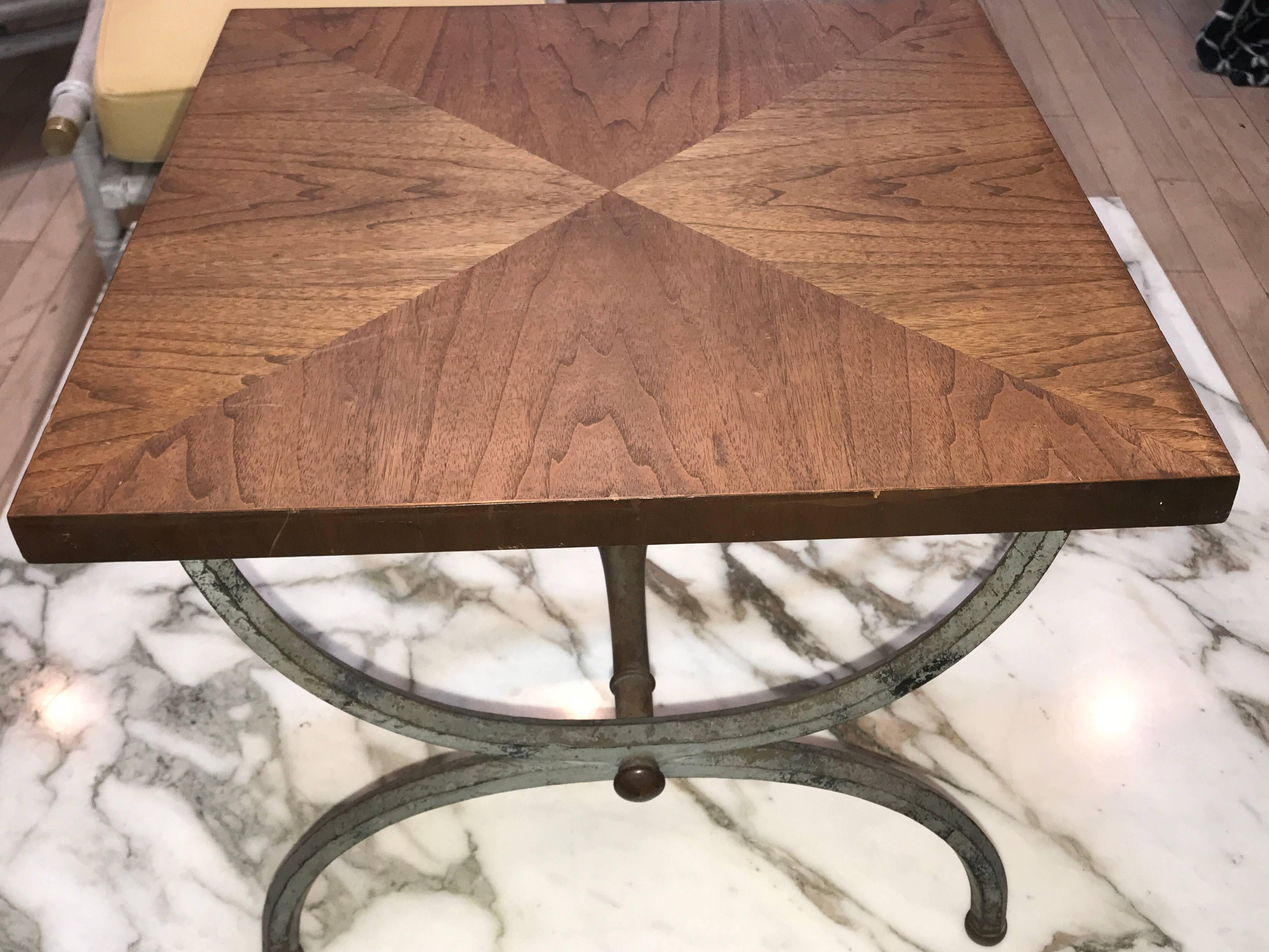 Pair of elegant classic pavane forged iron parquetry side tables. Original grey patina on the iron legs.