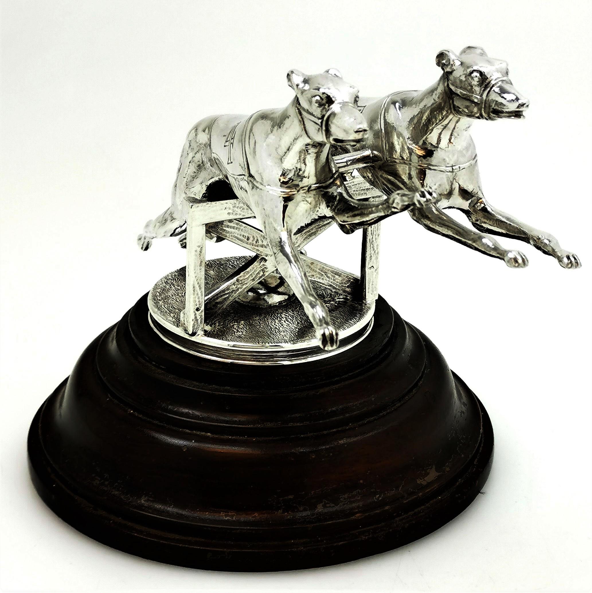 Scottish Pair of Greyhound Dogs on Plinth Sterling Silver Model Statue Figures, 1927