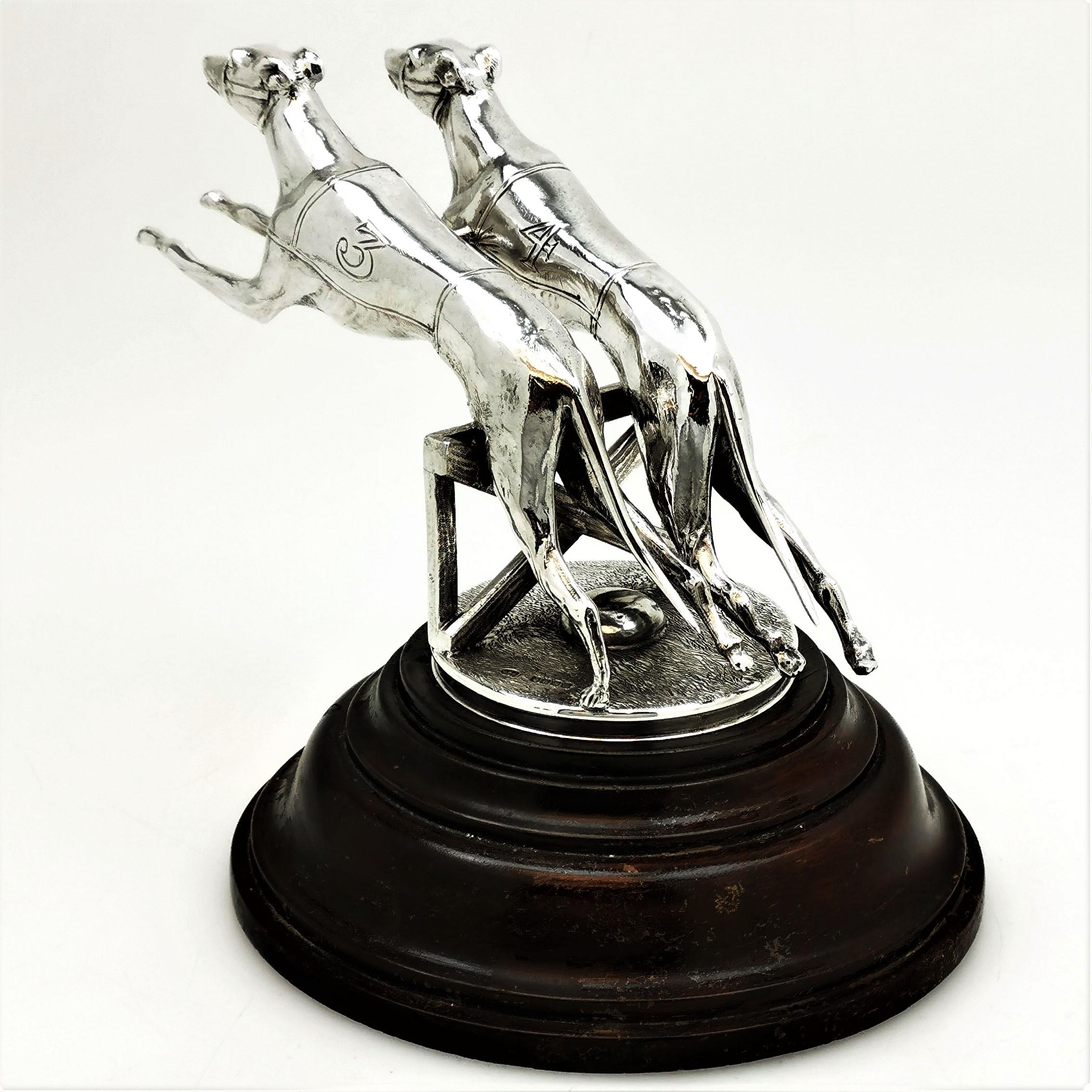 Pair of Greyhound Dogs on Plinth Sterling Silver Model Statue Figures, 1927 In Good Condition In London, GB